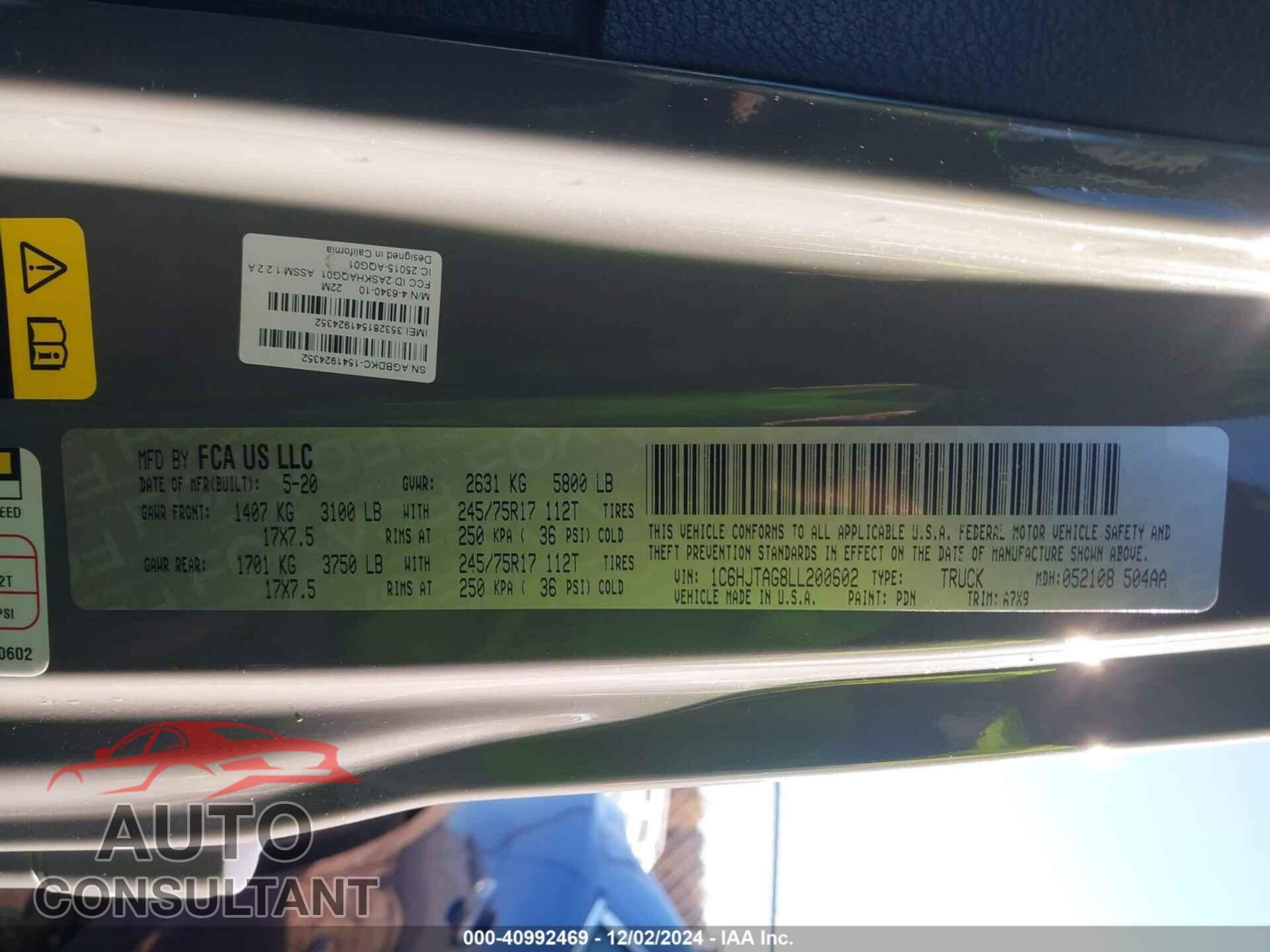 JEEP GLADIATOR 2020 - 1C6HJTAG8LL200602