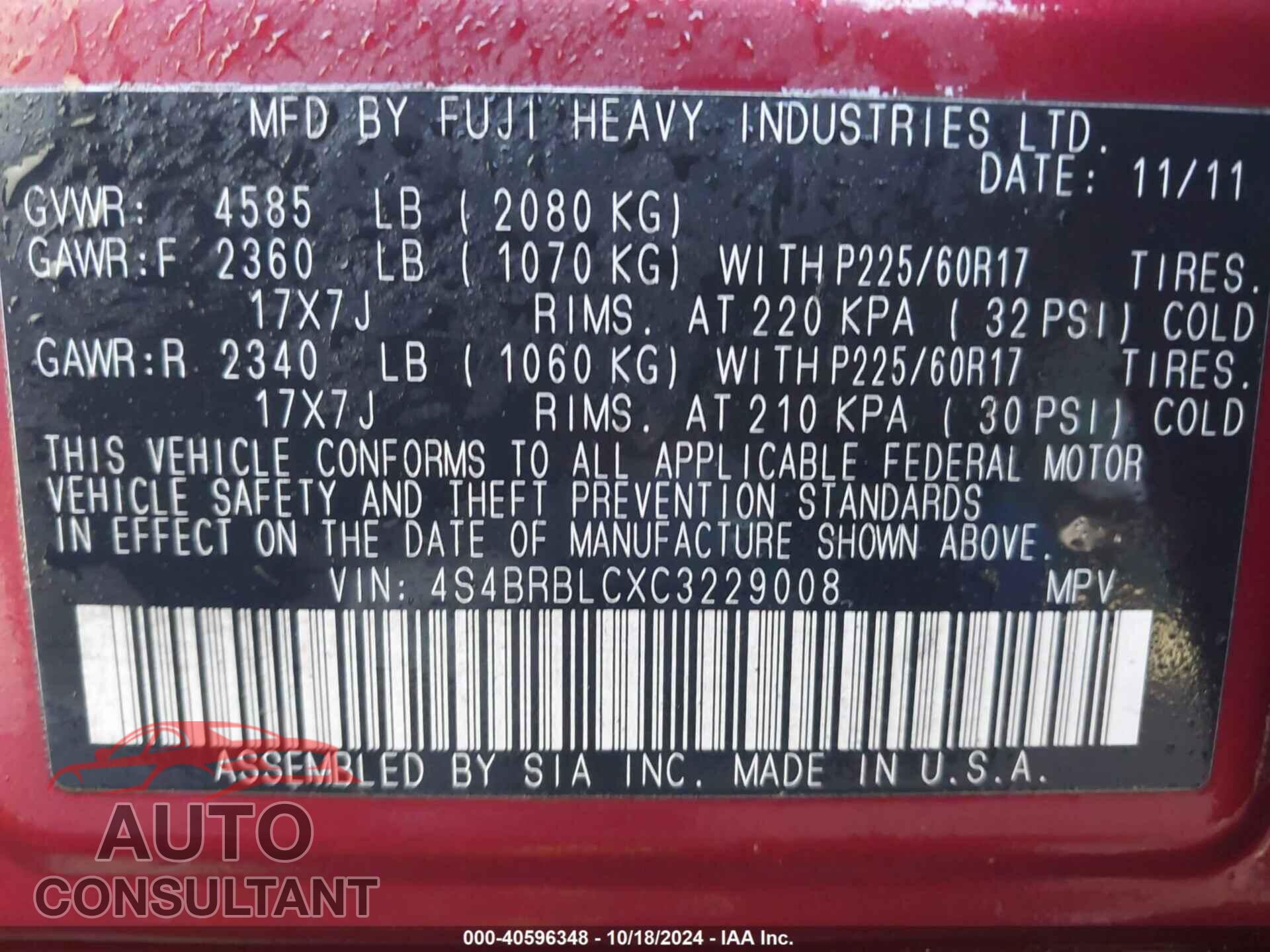 SUBARU OUTBACK 2012 - 4S4BRBLCXC3229008