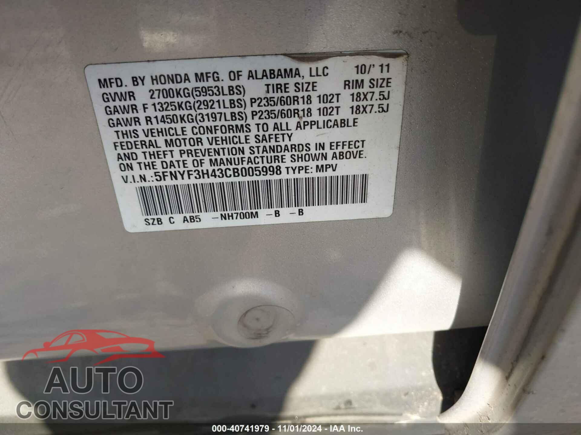 HONDA PILOT 2012 - 5FNYF3H43CB005998