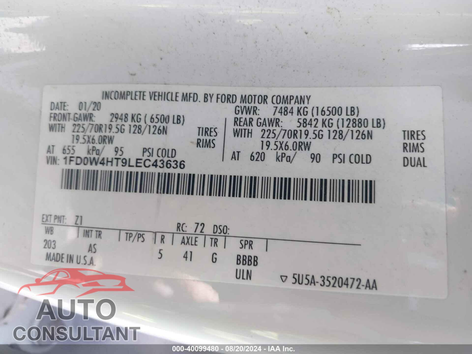 FORD F-450 CHASSIS 2020 - 1FD0W4HT9LEC43636