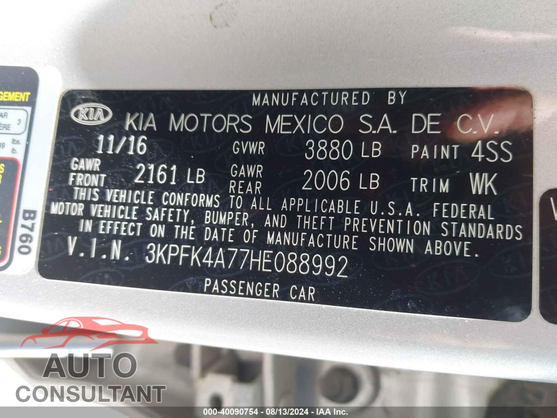 KIA FORTE 2017 - 3KPFK4A77HE088992