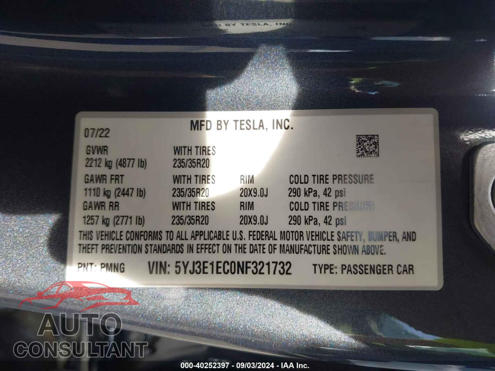 TESLA MODEL 3 2022 - 5YJ3E1EC0NF321732