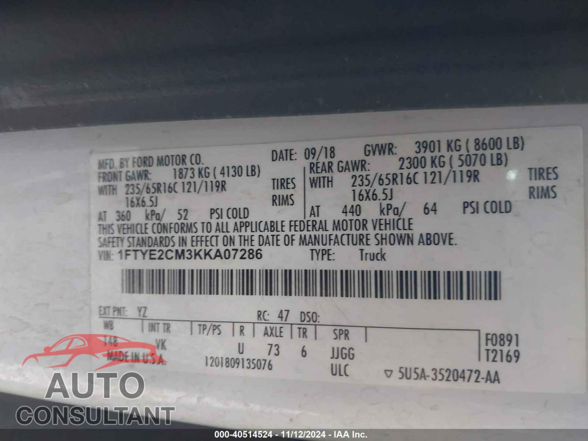FORD TRANSIT-150 2019 - 1FTYE2CM3KKA07286