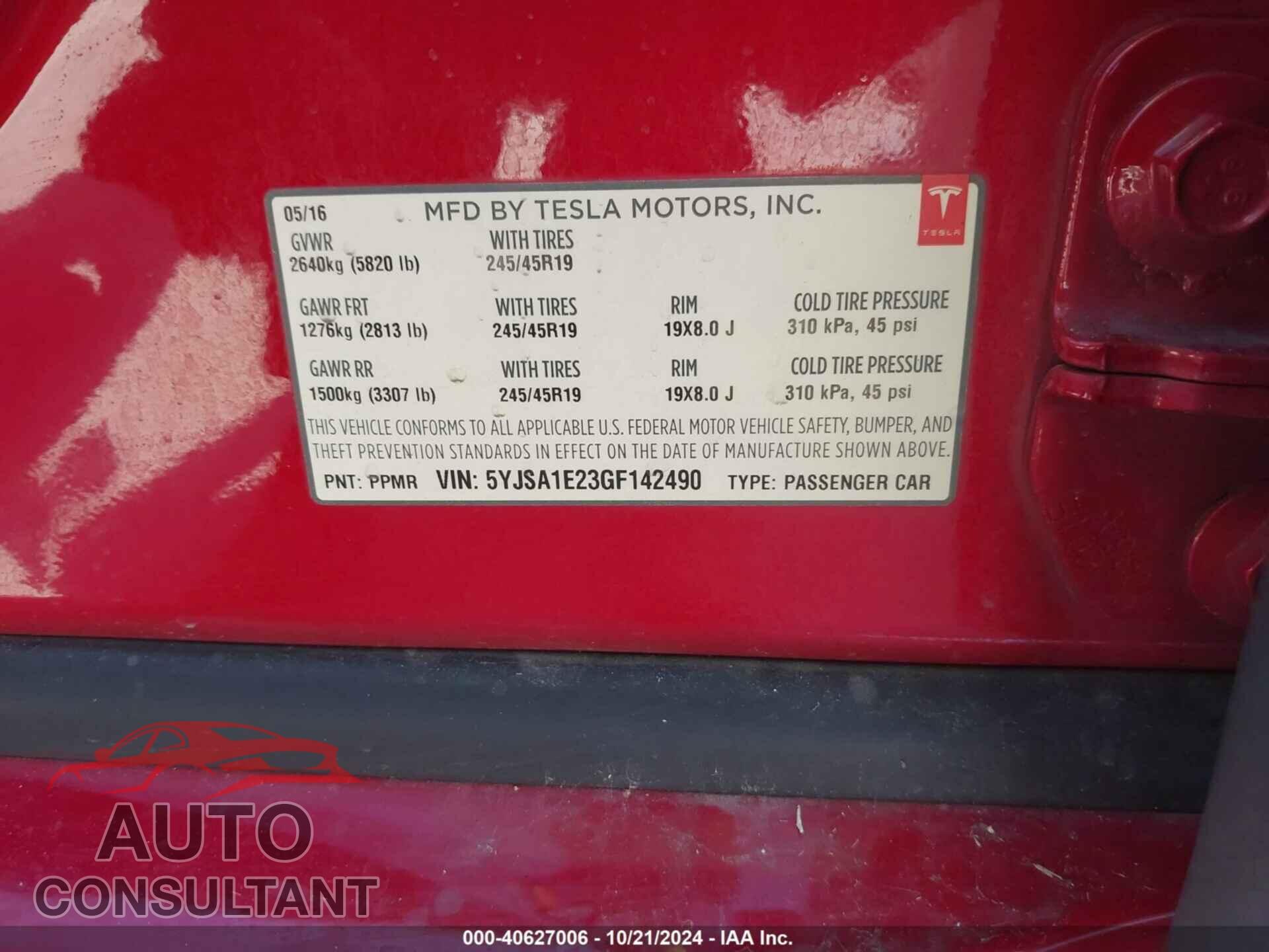 TESLA MODEL S 2016 - 5YJSA1E23GF142490