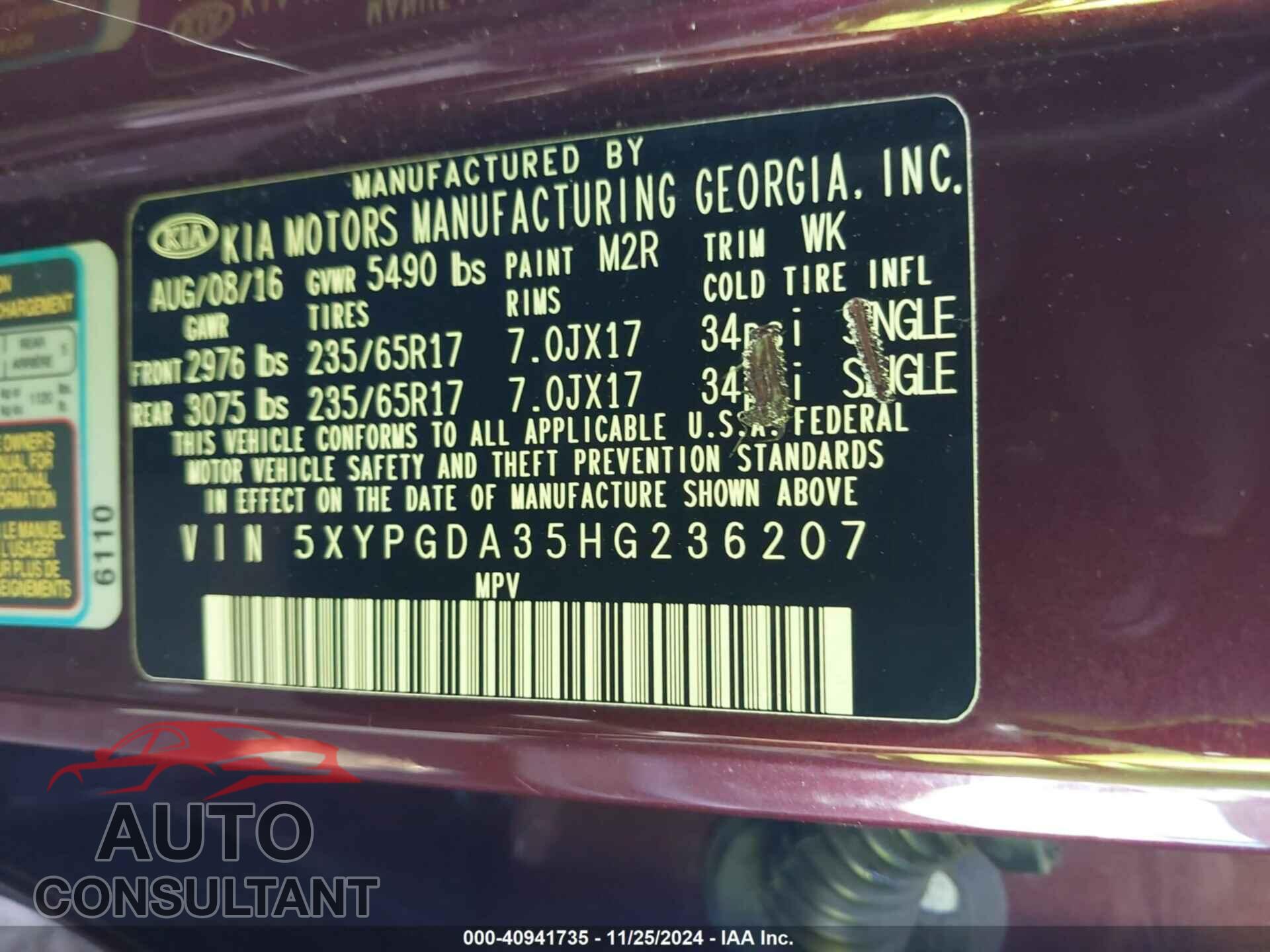 KIA SORENTO 2017 - 5XYPGDA35HG236207
