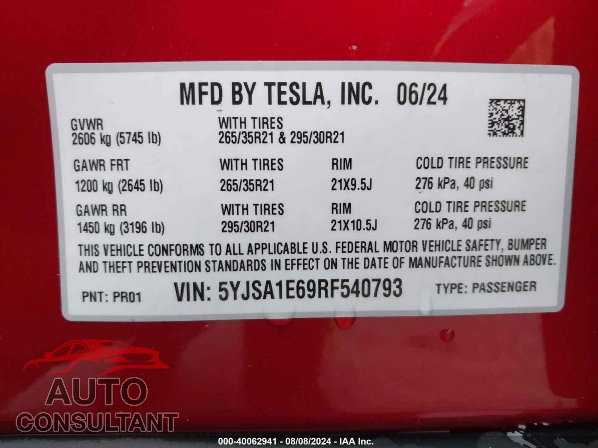 TESLA MODEL S 2024 - 5YJSA1E69RF540793