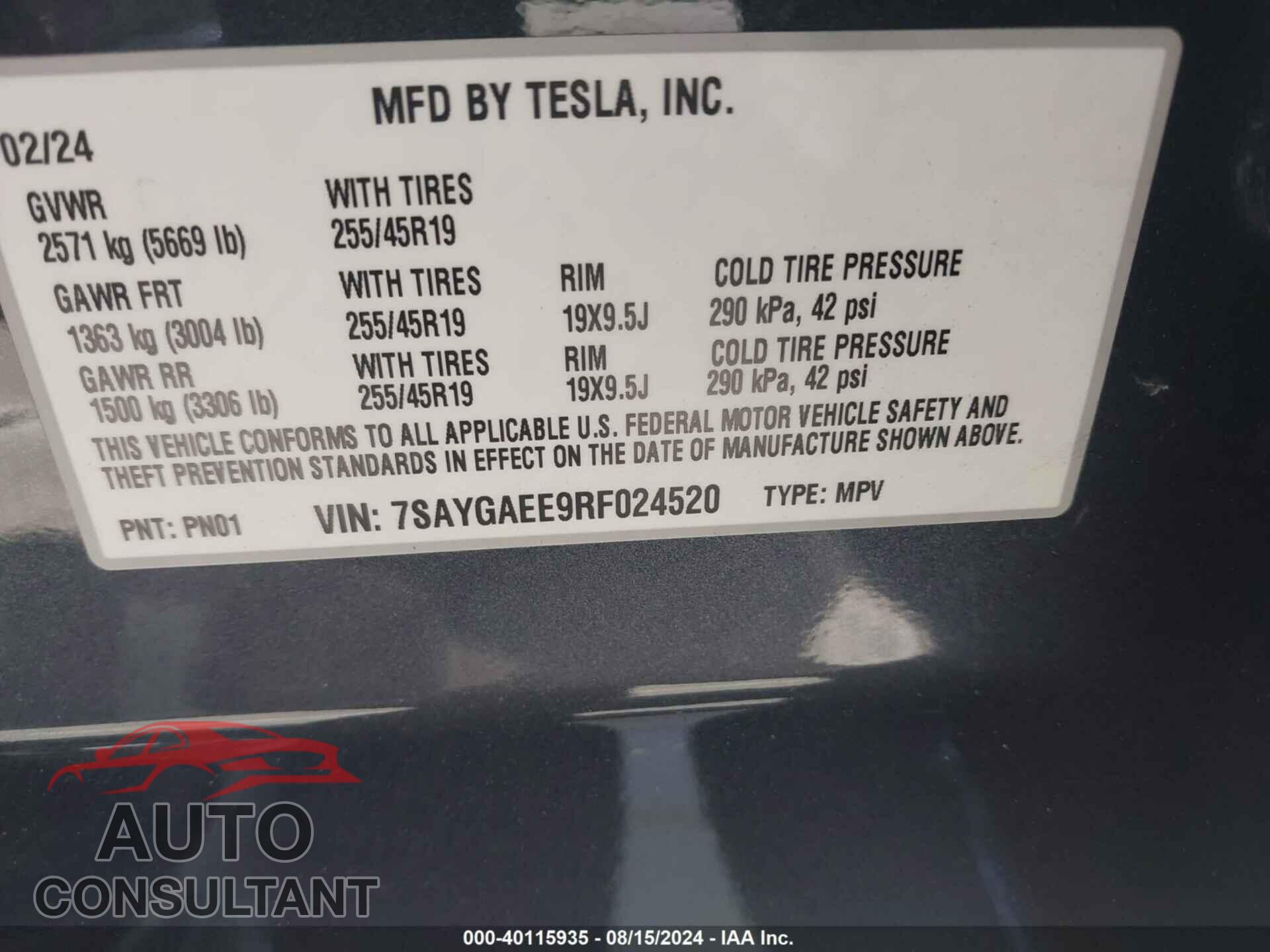 TESLA MODEL Y 2024 - 7SAYGAEE9RF024520