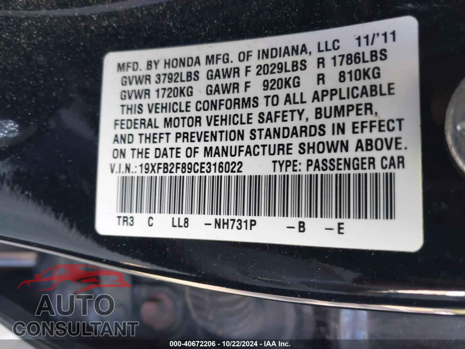 HONDA CIVIC 2012 - 19XFB2F89CE316022