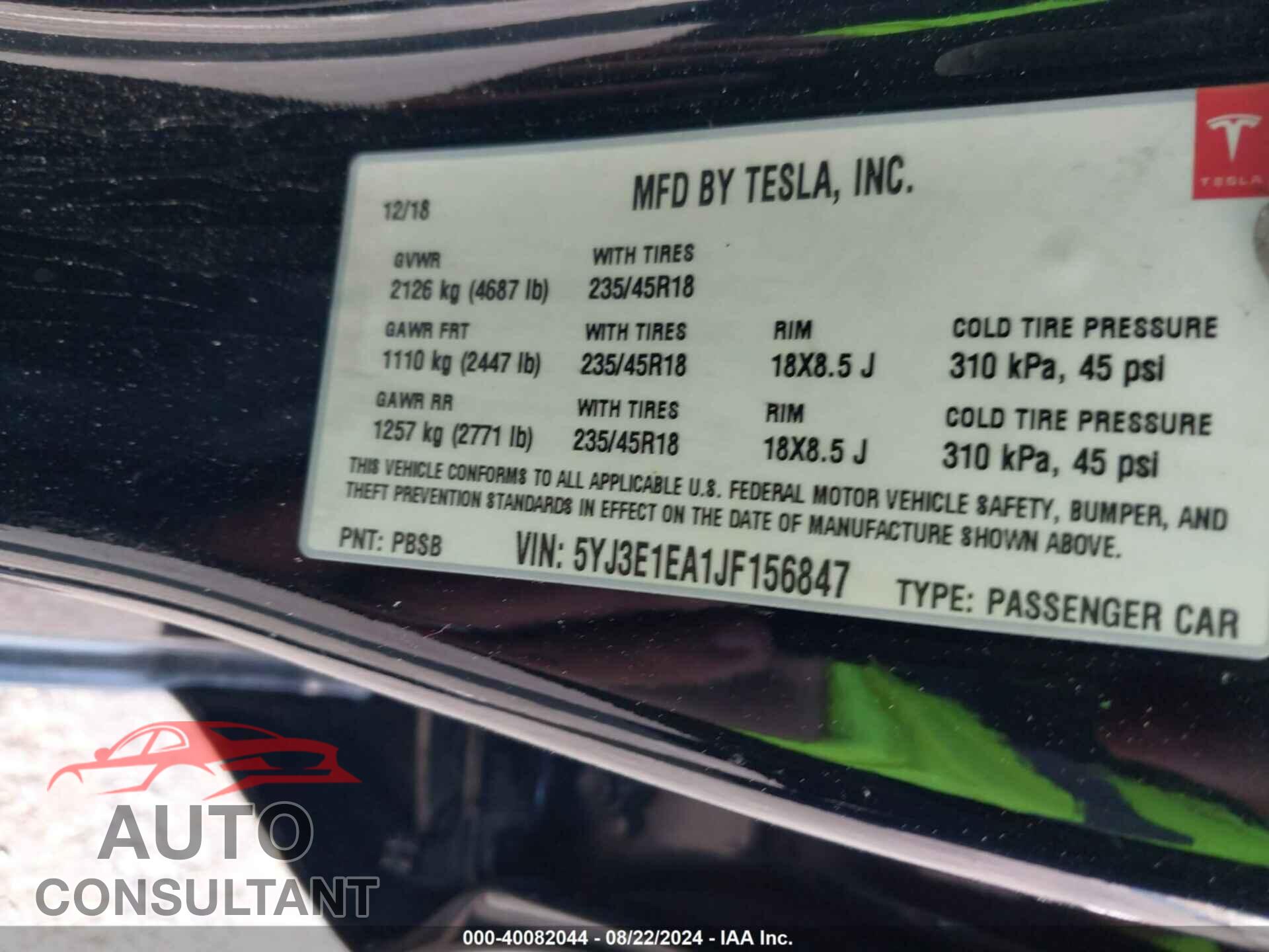 TESLA MODEL 3 2018 - 5YJ3E1EA1JF156847