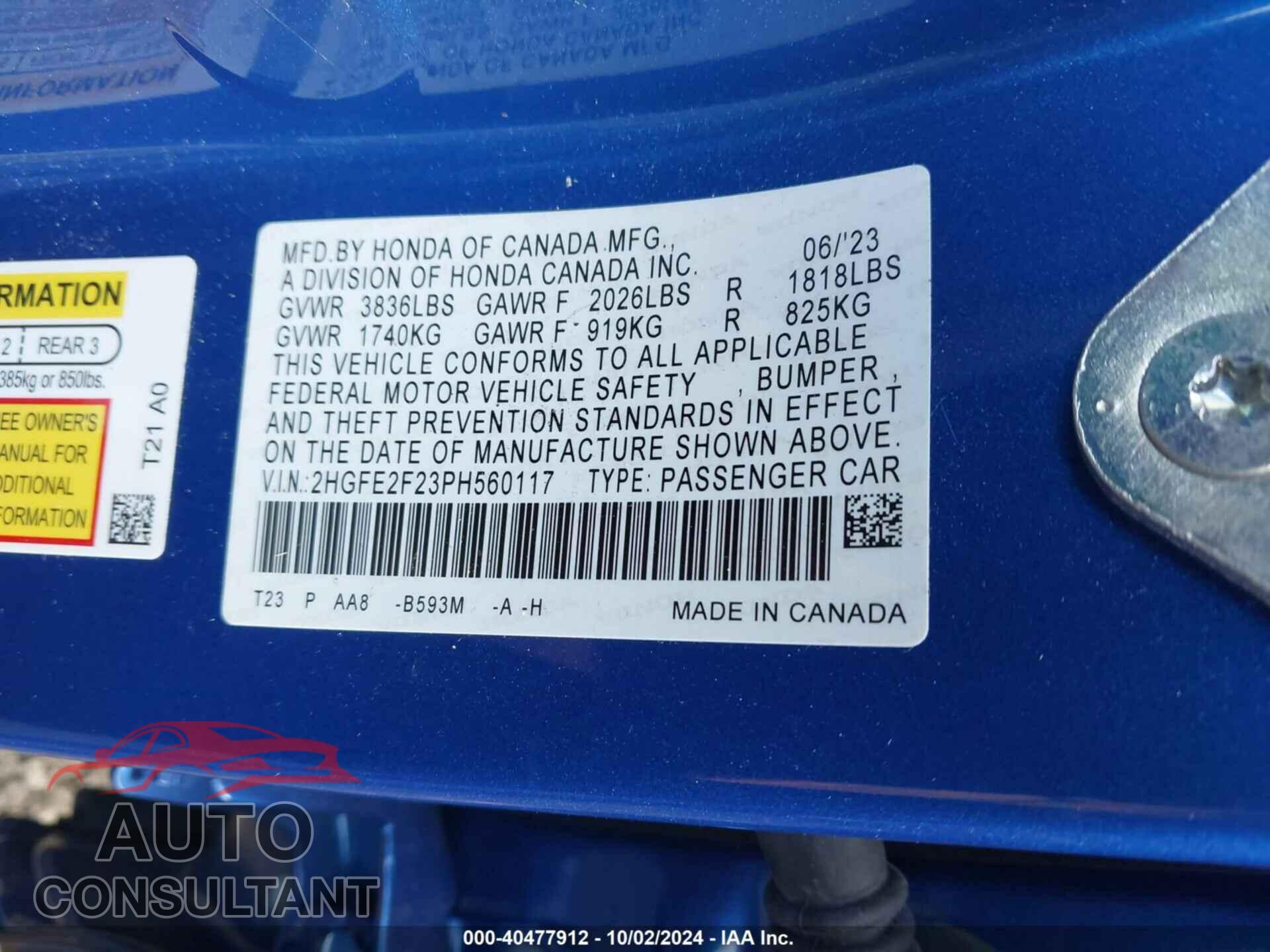 HONDA CIVIC 2023 - 2HGFE2F23PH560117
