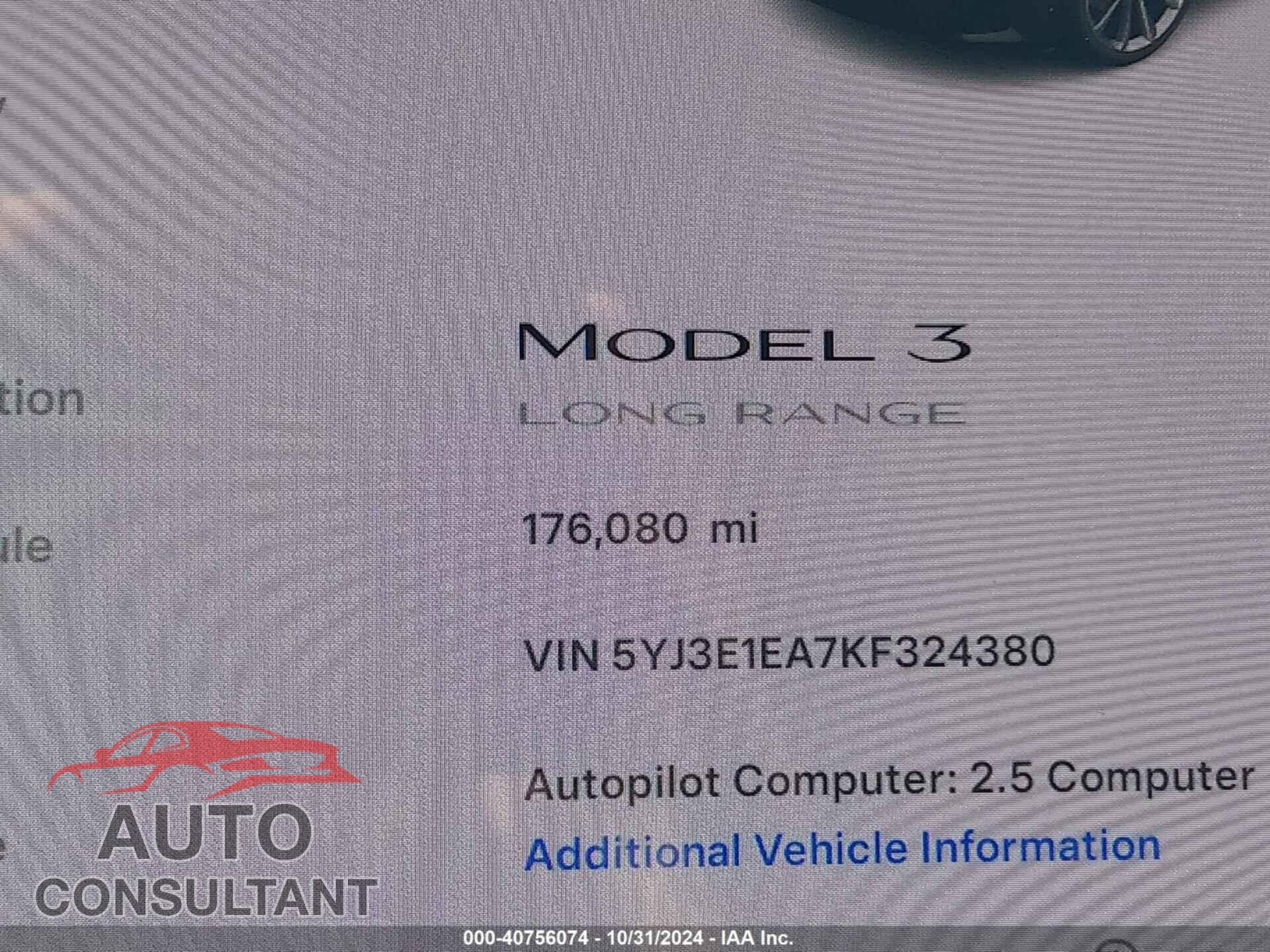 TESLA MODEL 3 2019 - 5YJ3E1EA7KF324380