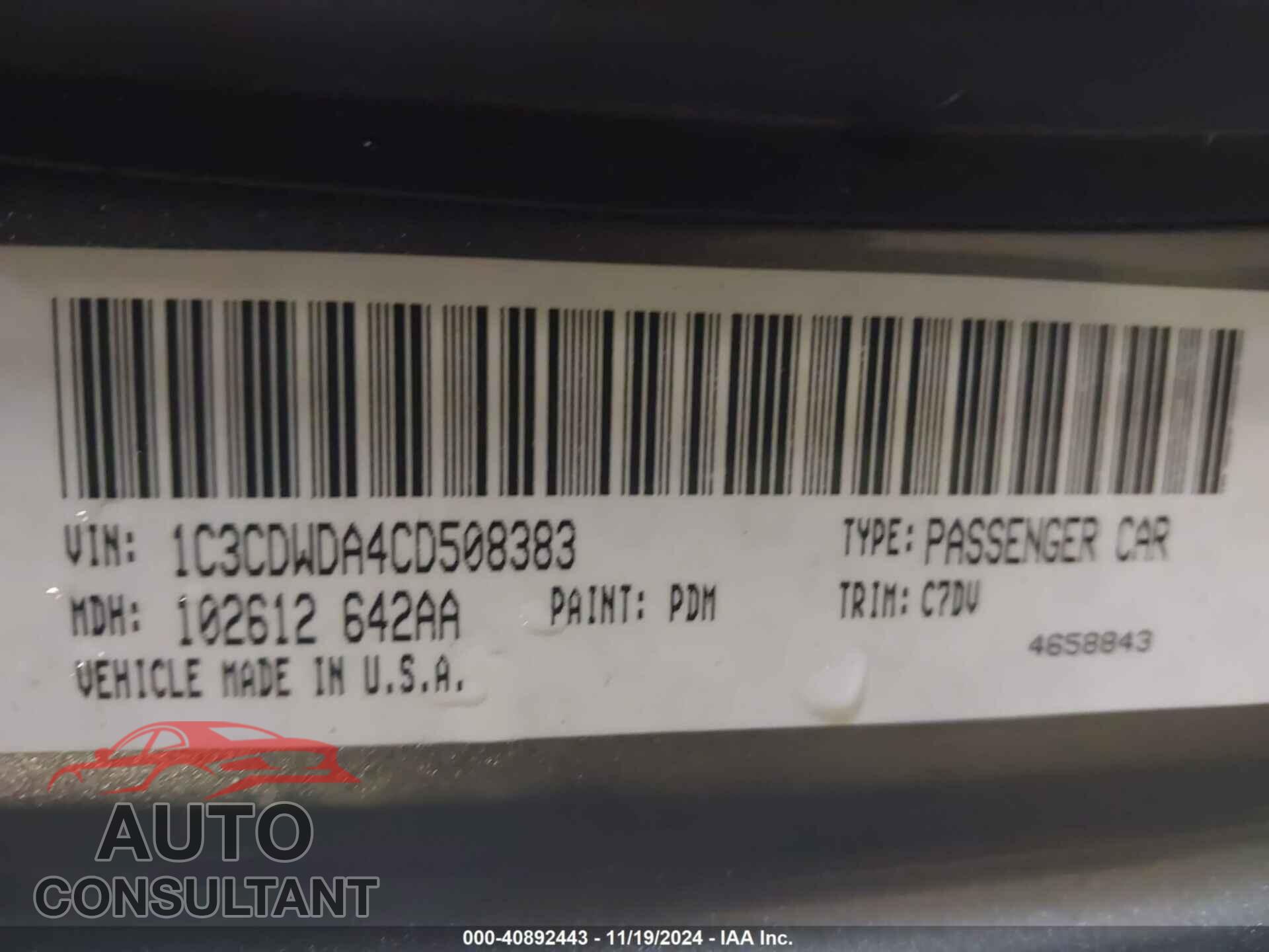 DODGE CALIBER 2012 - 1C3CDWDA4CD508383