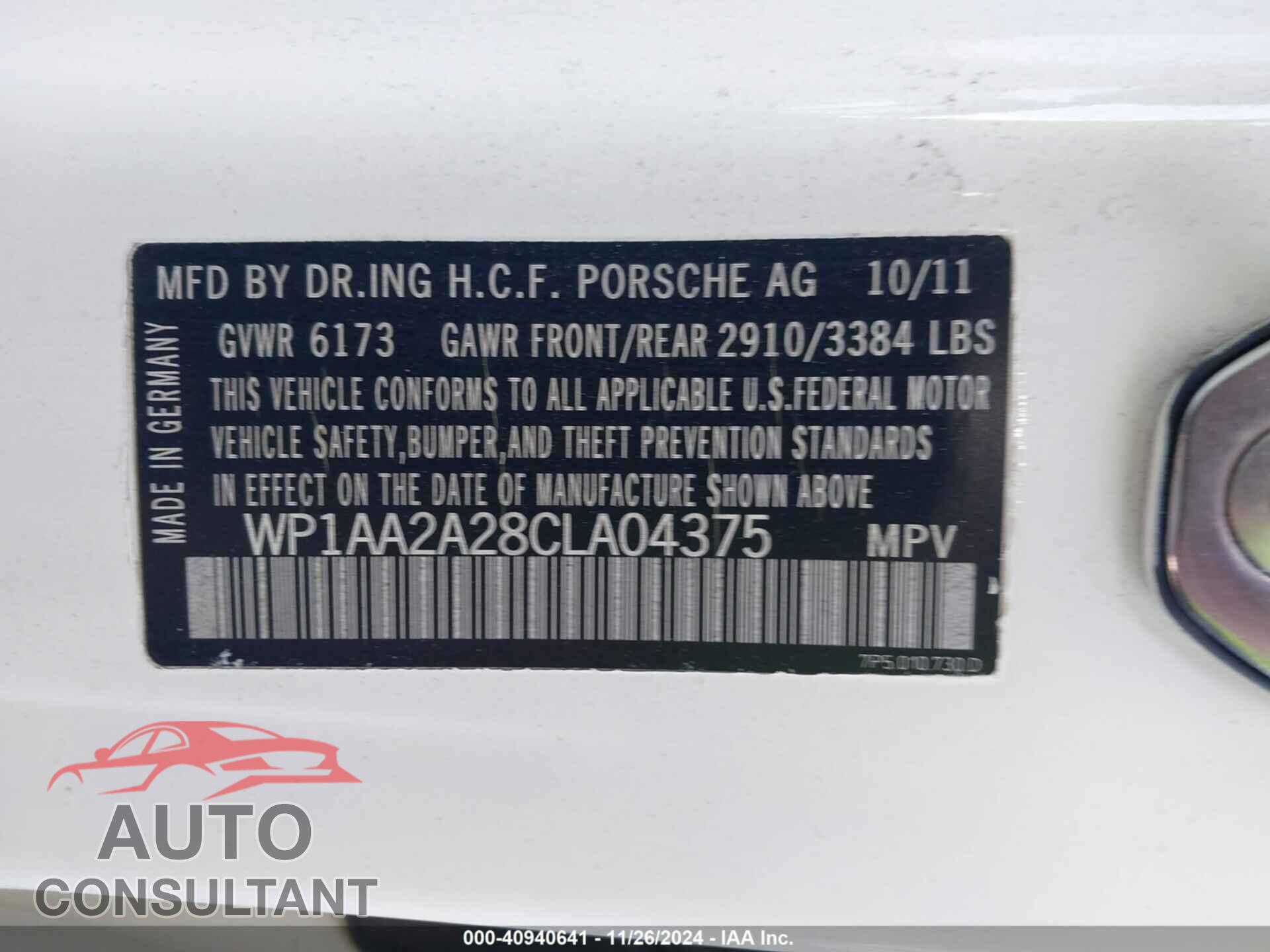 PORSCHE CAYENNE 2012 - WP1AA2A28CLA04375