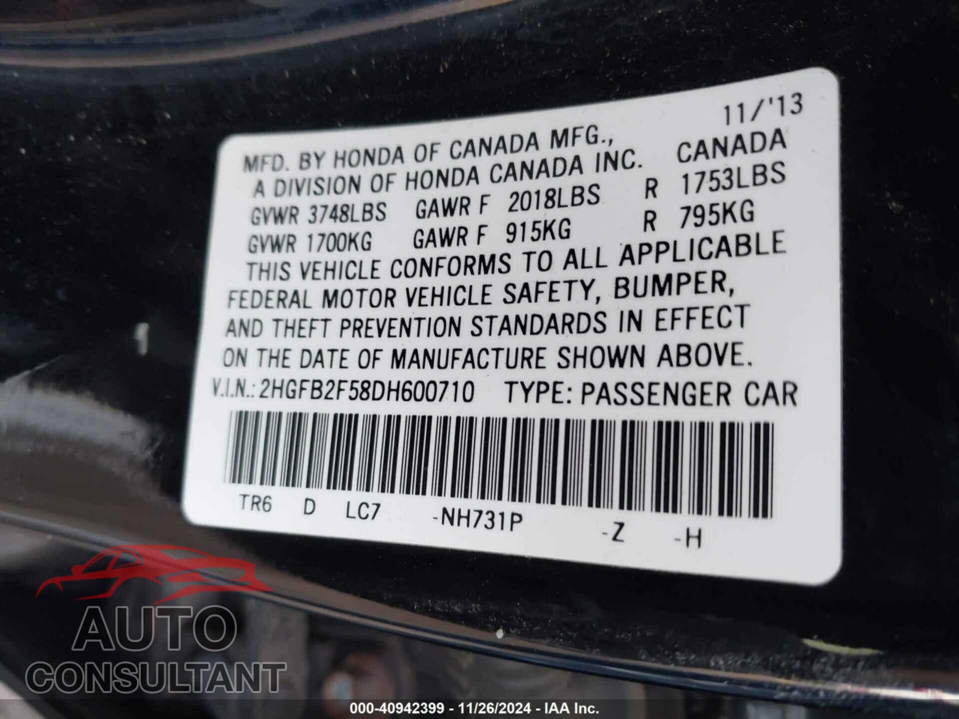 HONDA CIVIC 2013 - 2HGFB2F58DH600710