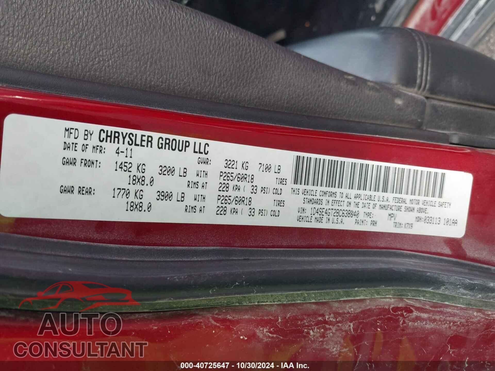DODGE DURANGO 2011 - 1D4SE4GT2BC638840
