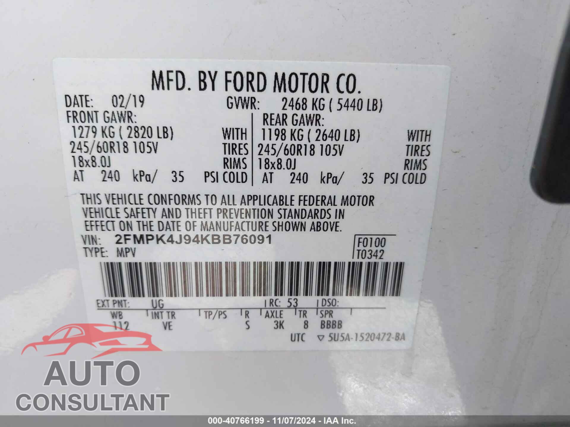 FORD EDGE 2019 - 2FMPK4J94KBB76091