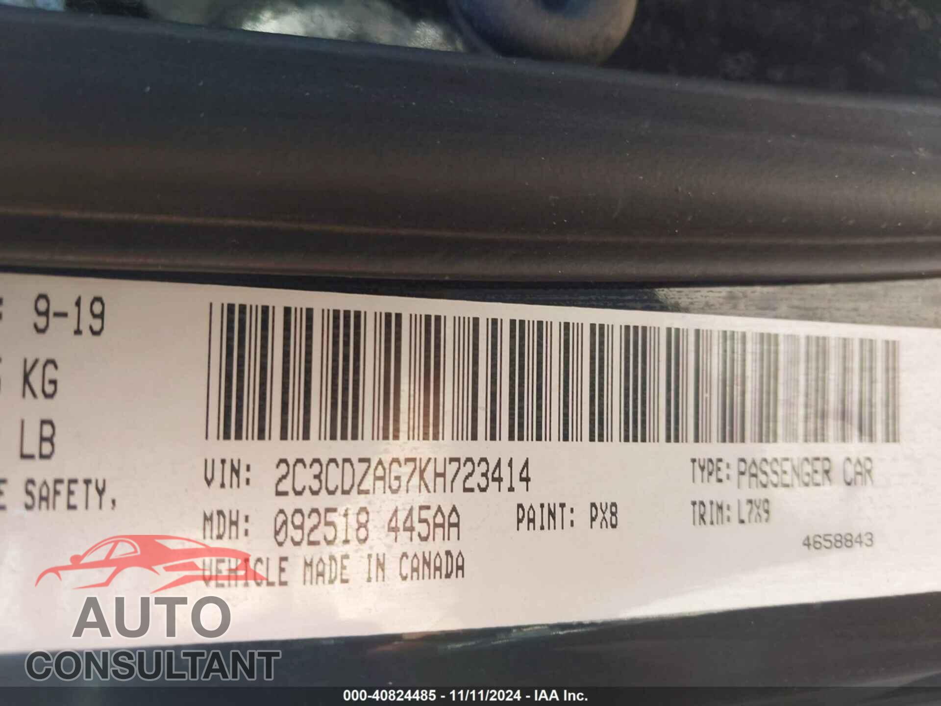 DODGE CHALLENGER 2019 - 2C3CDZAG7KH723414