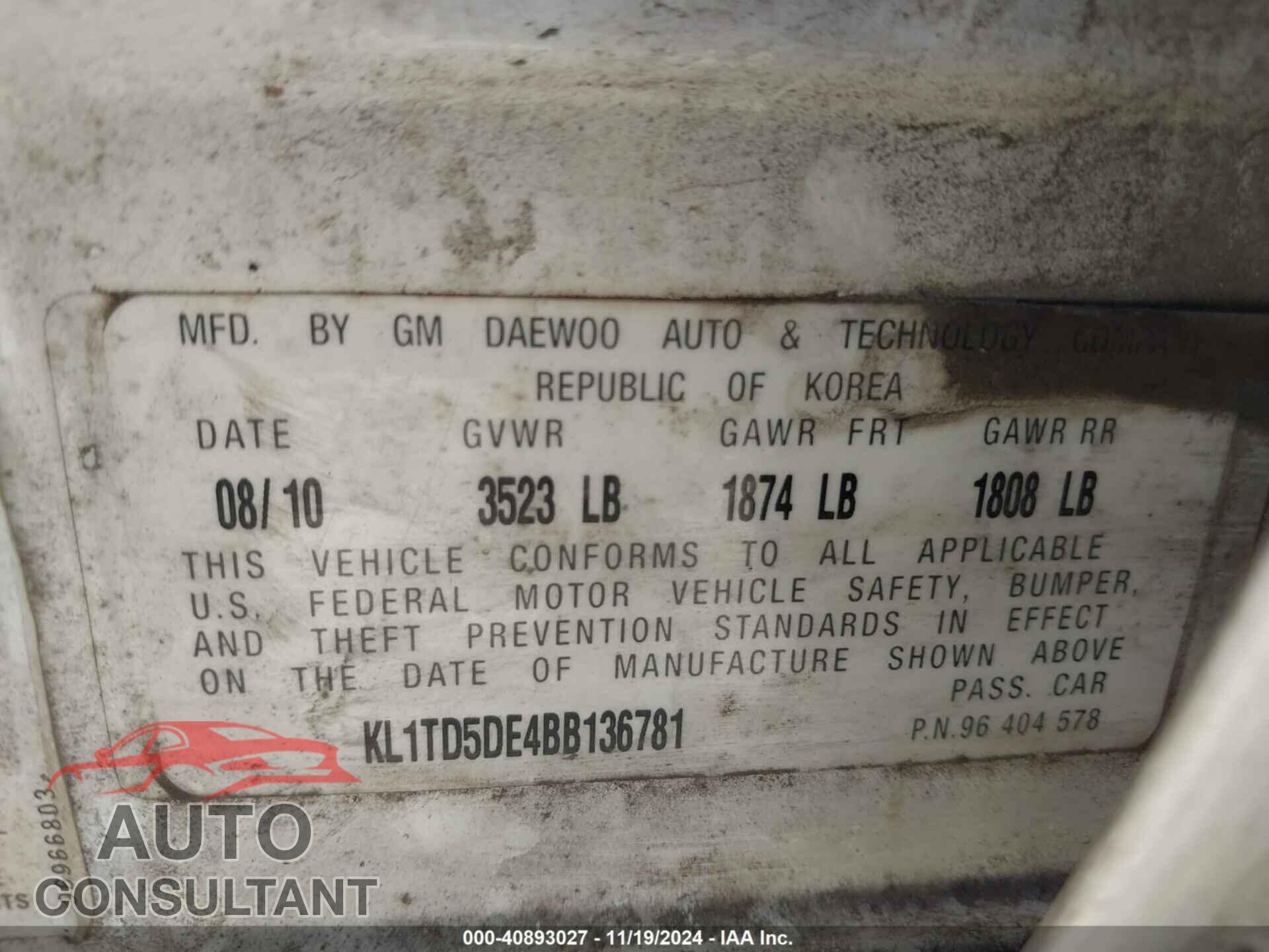 CHEVROLET AVEO 2011 - KL1TD5DE4BB136781
