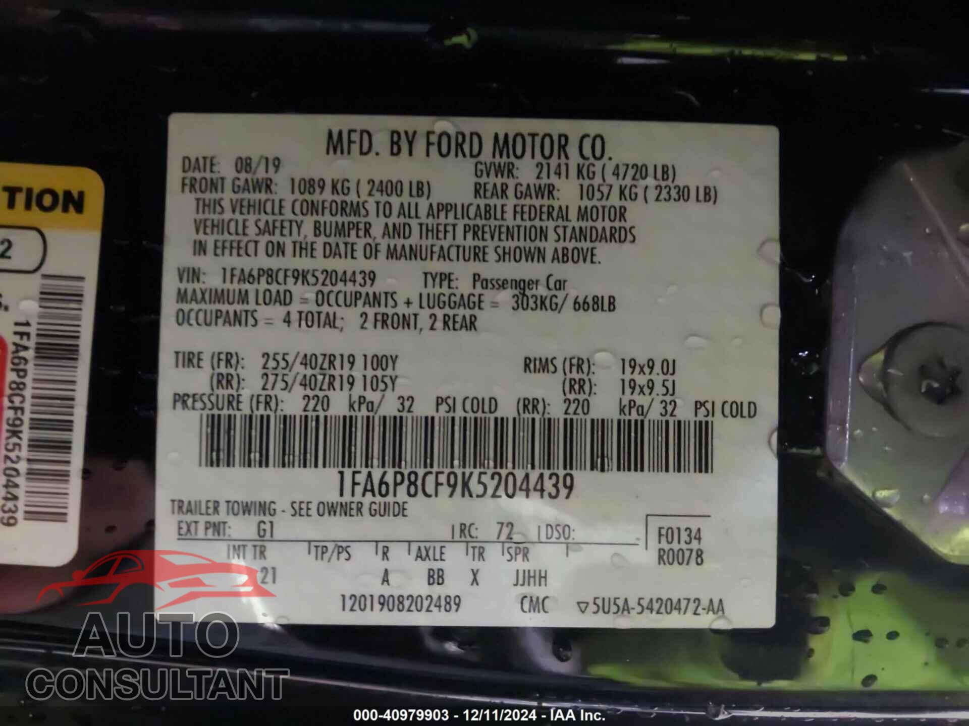 FORD MUSTANG 2019 - 1FA6P8CF9K5204439