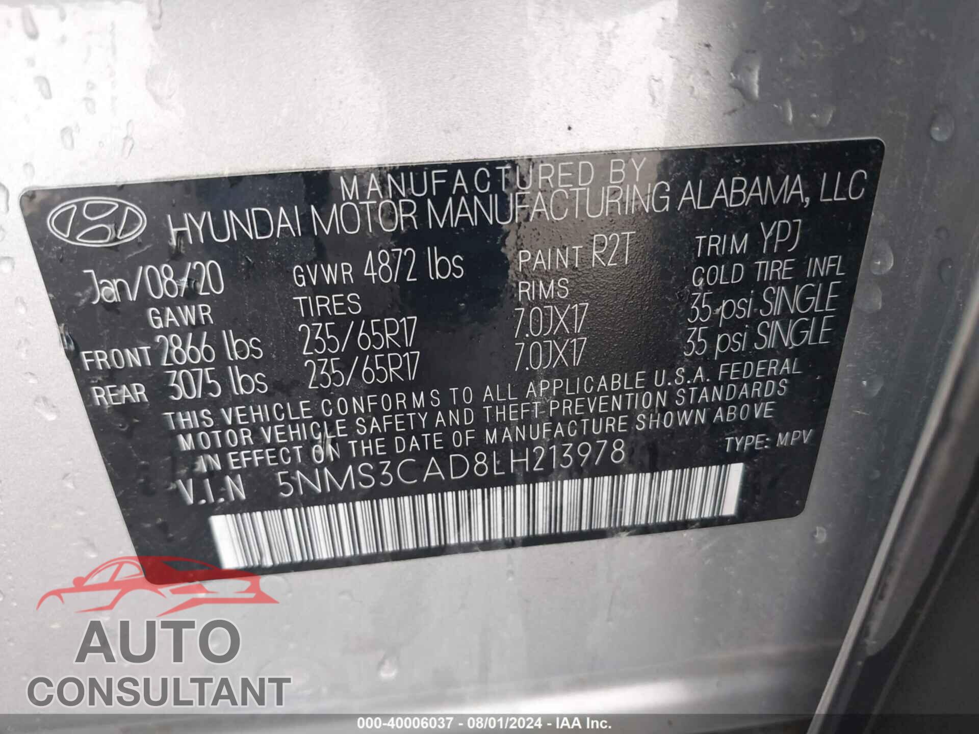 HYUNDAI SANTA FE 2020 - 5NMS3CAD8LH213978
