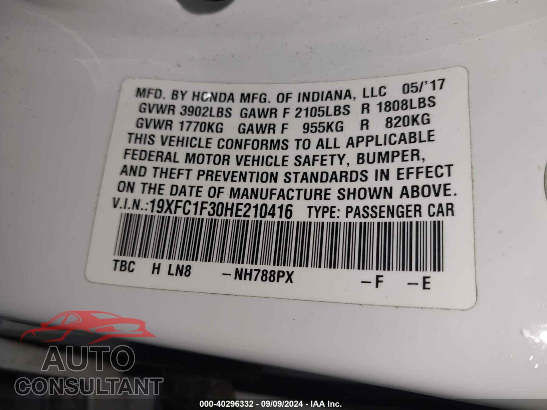 HONDA CIVIC 2017 - 19XFC1F30HE210416