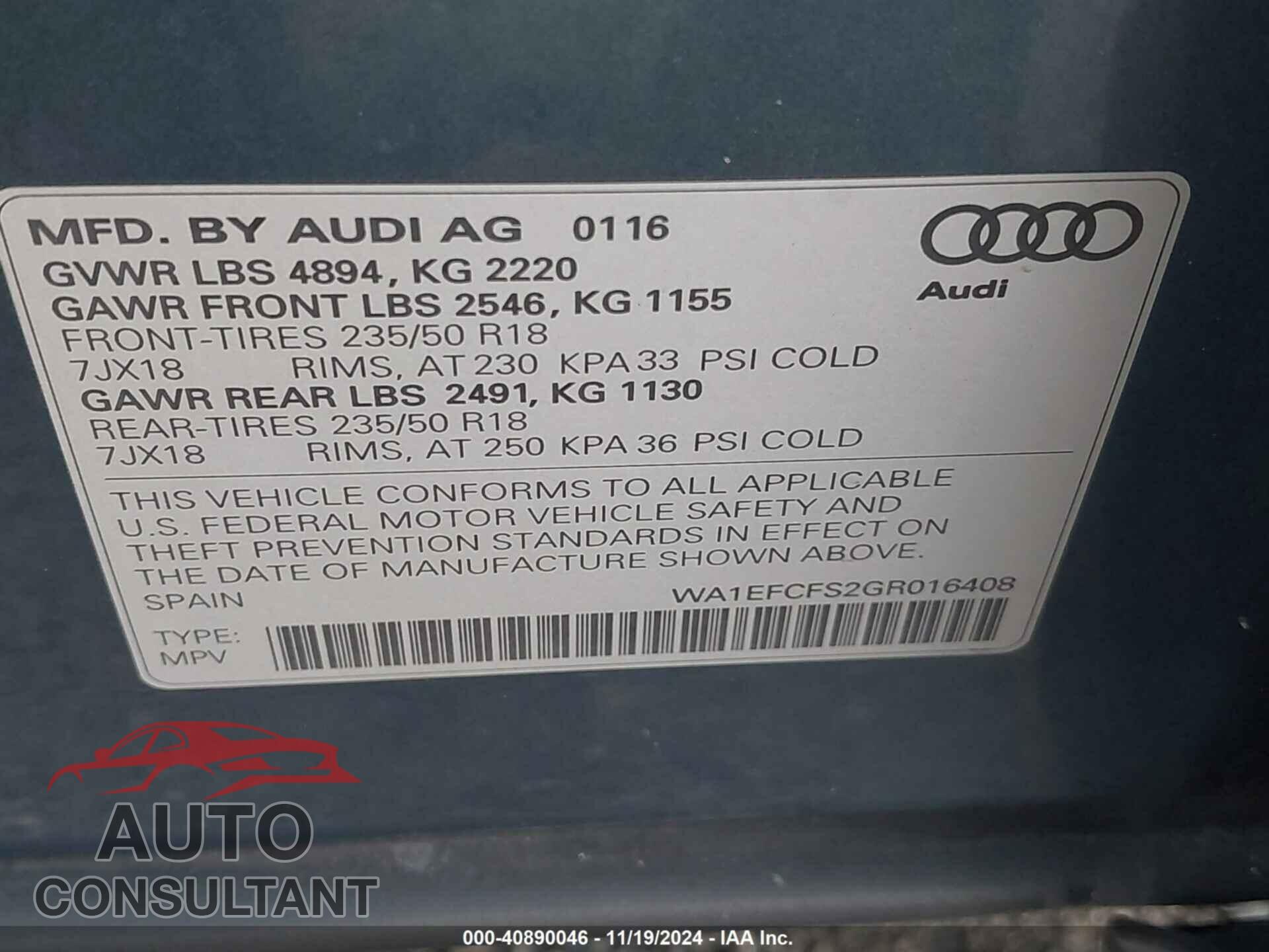 AUDI Q3 2016 - WA1EFCFS2GR016408