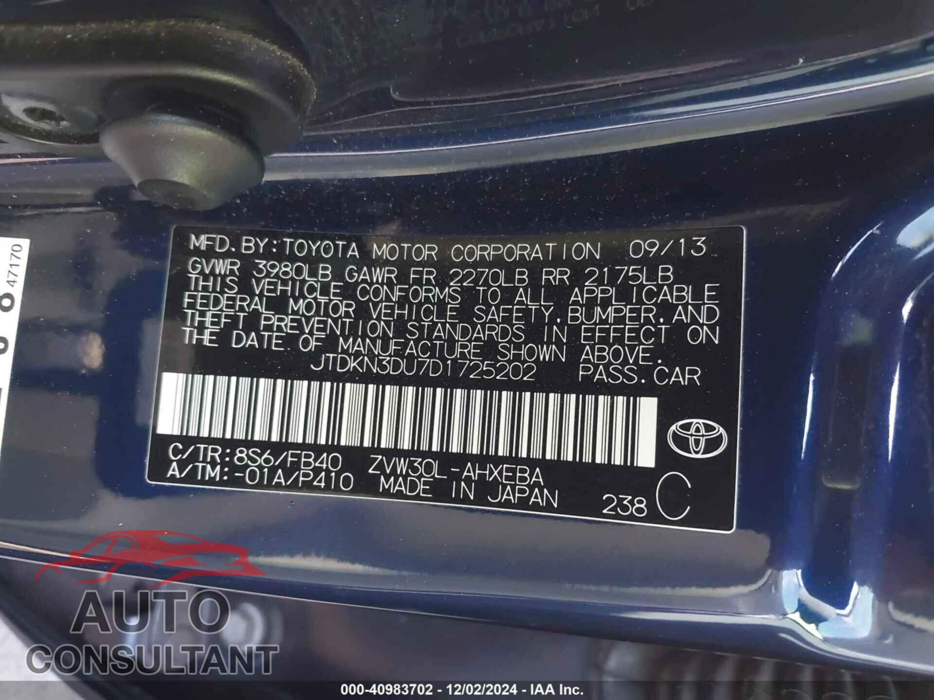 TOYOTA PRIUS 2013 - JTDKN3DU7D1725202