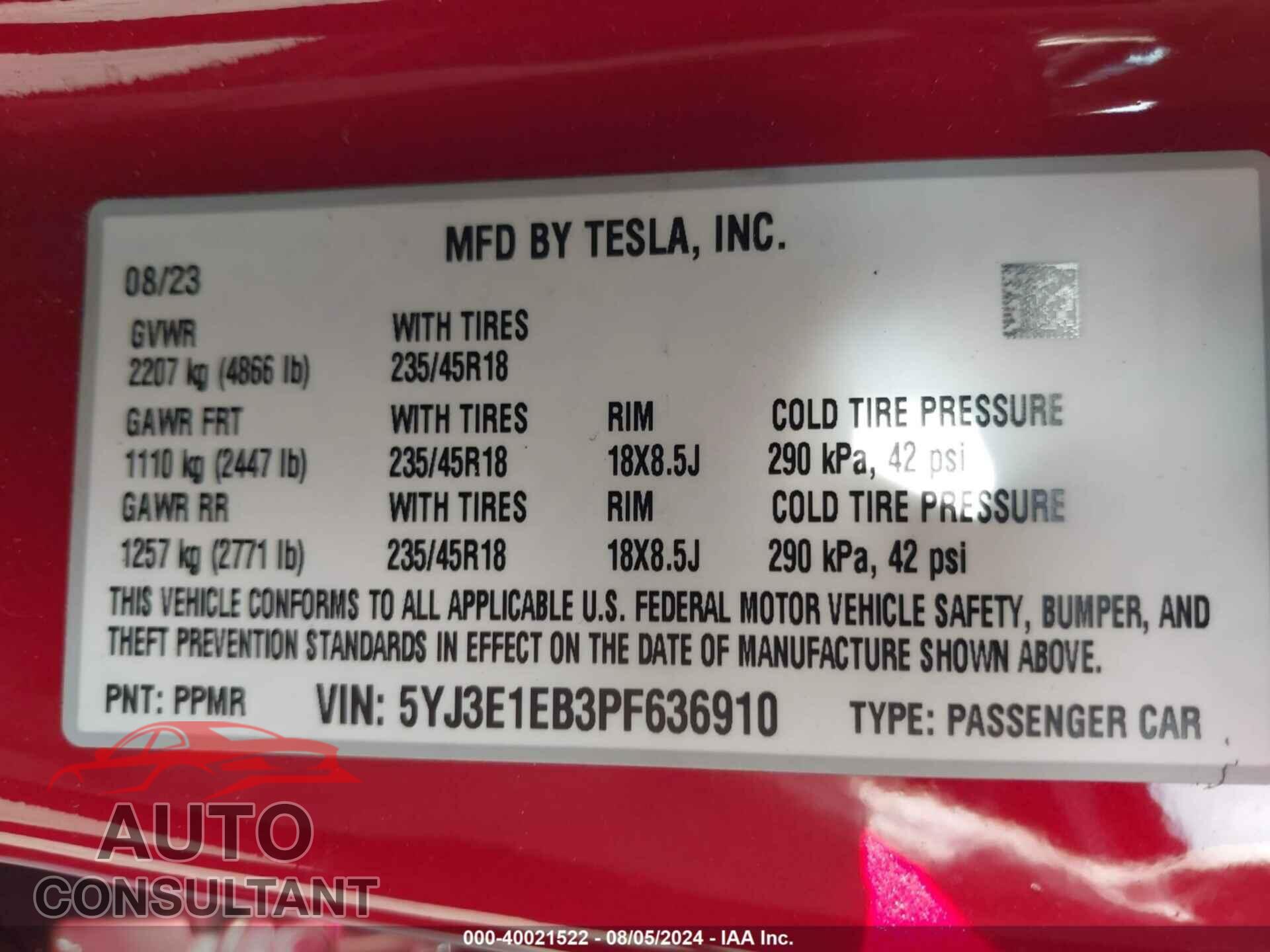TESLA MODEL 3 2023 - 5YJ3E1EB3PF636910