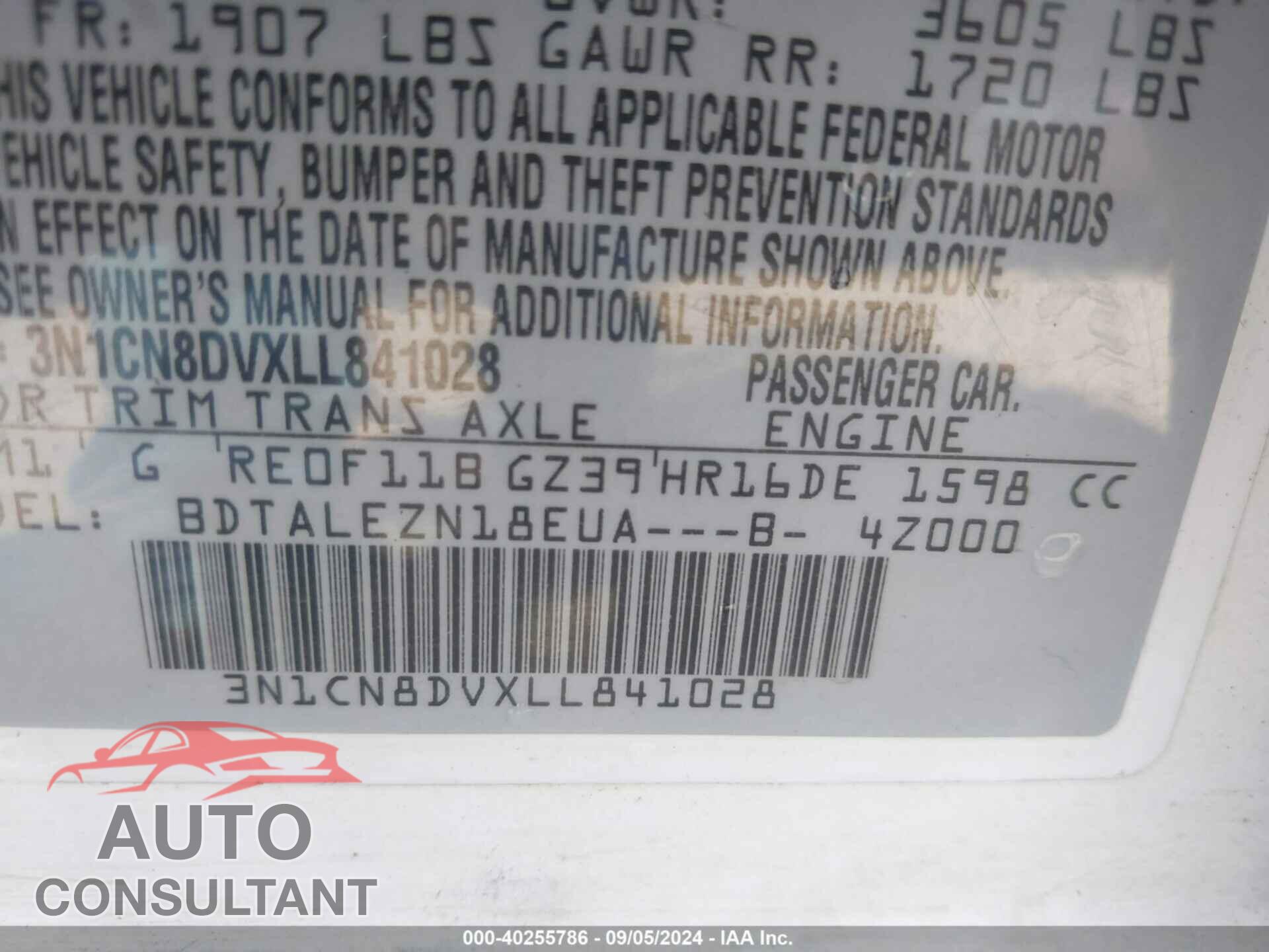 NISSAN VERSA 2020 - 3N1CN8DVXLL841028