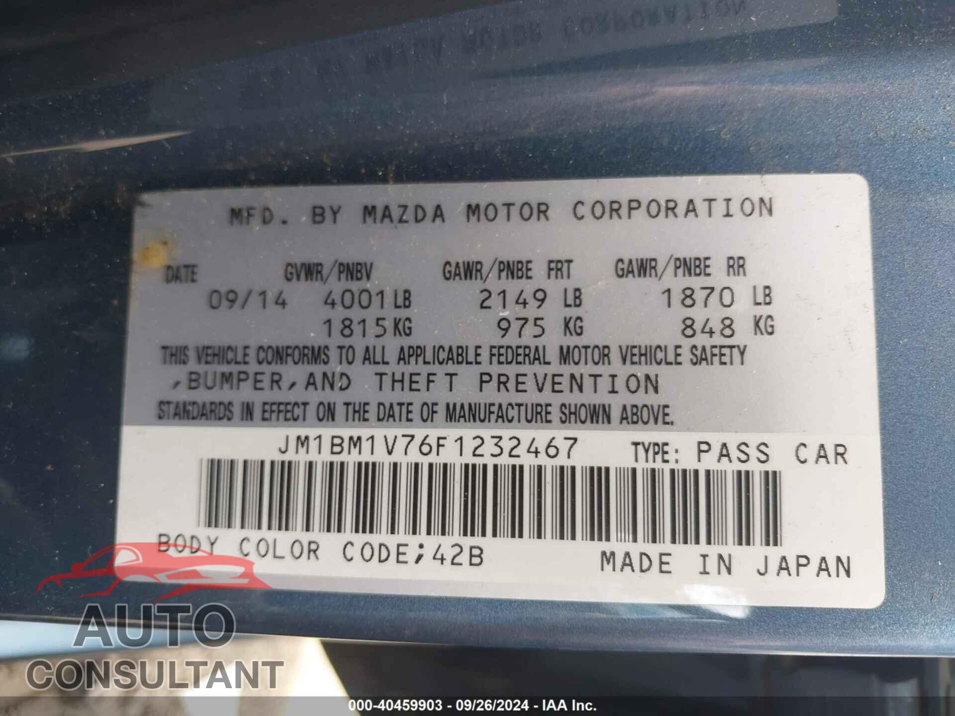 MAZDA MAZDA3 2015 - JM1BM1V76F1232467