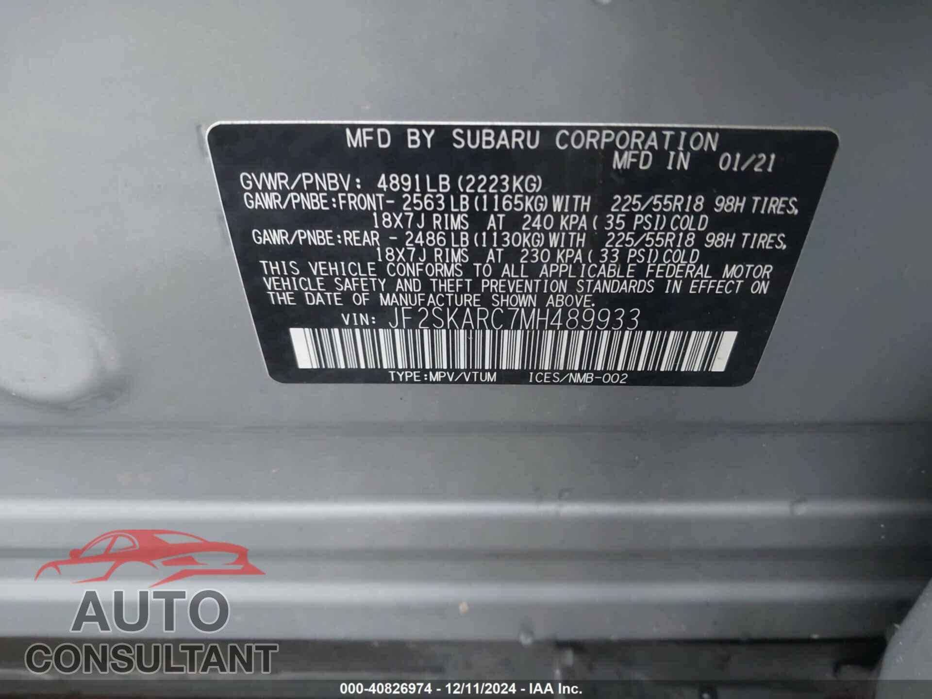 SUBARU FORESTER 2021 - JF2SKARC7MH489933