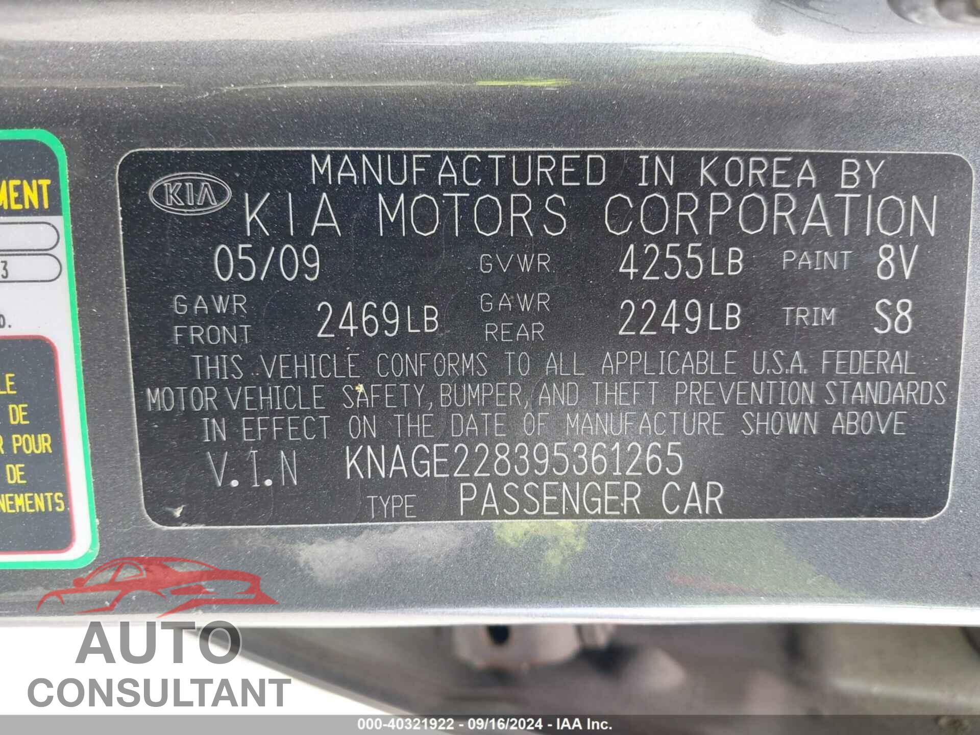 KIA OPTIMA 2009 - KNAGE228395361265