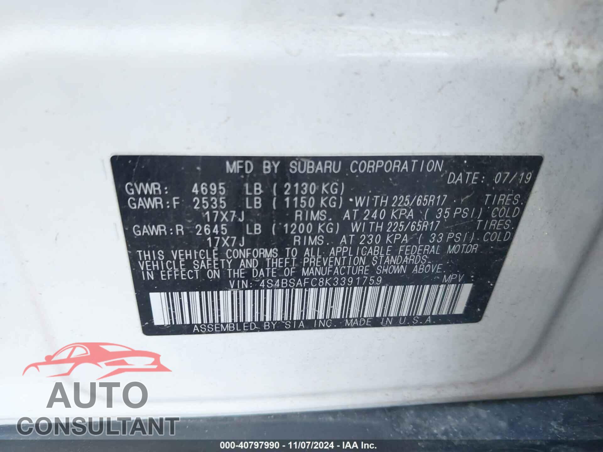SUBARU OUTBACK 2019 - 4S4BSAFC8K3391759