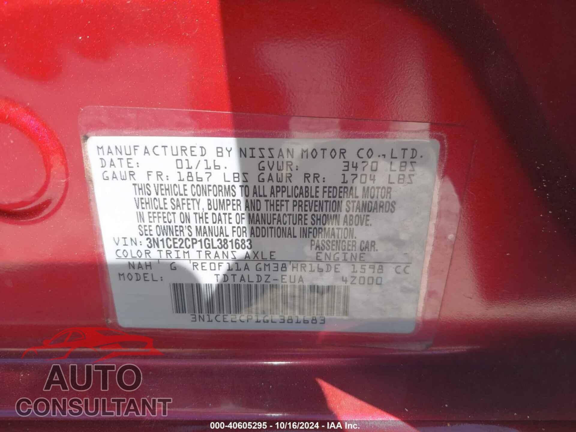 NISSAN VERSA NOTE 2016 - 3N1CE2CP1GL381683