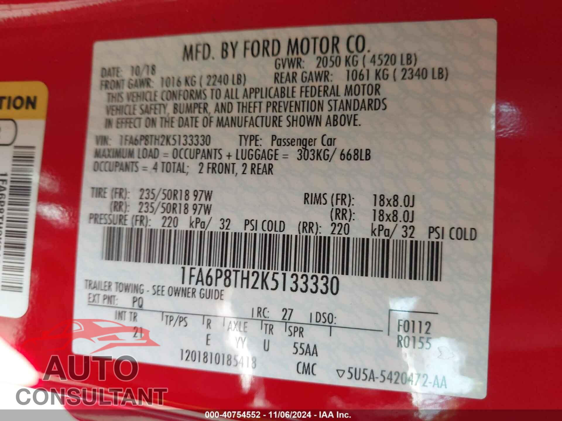 FORD MUSTANG 2019 - 1FA6P8TH2K5133330