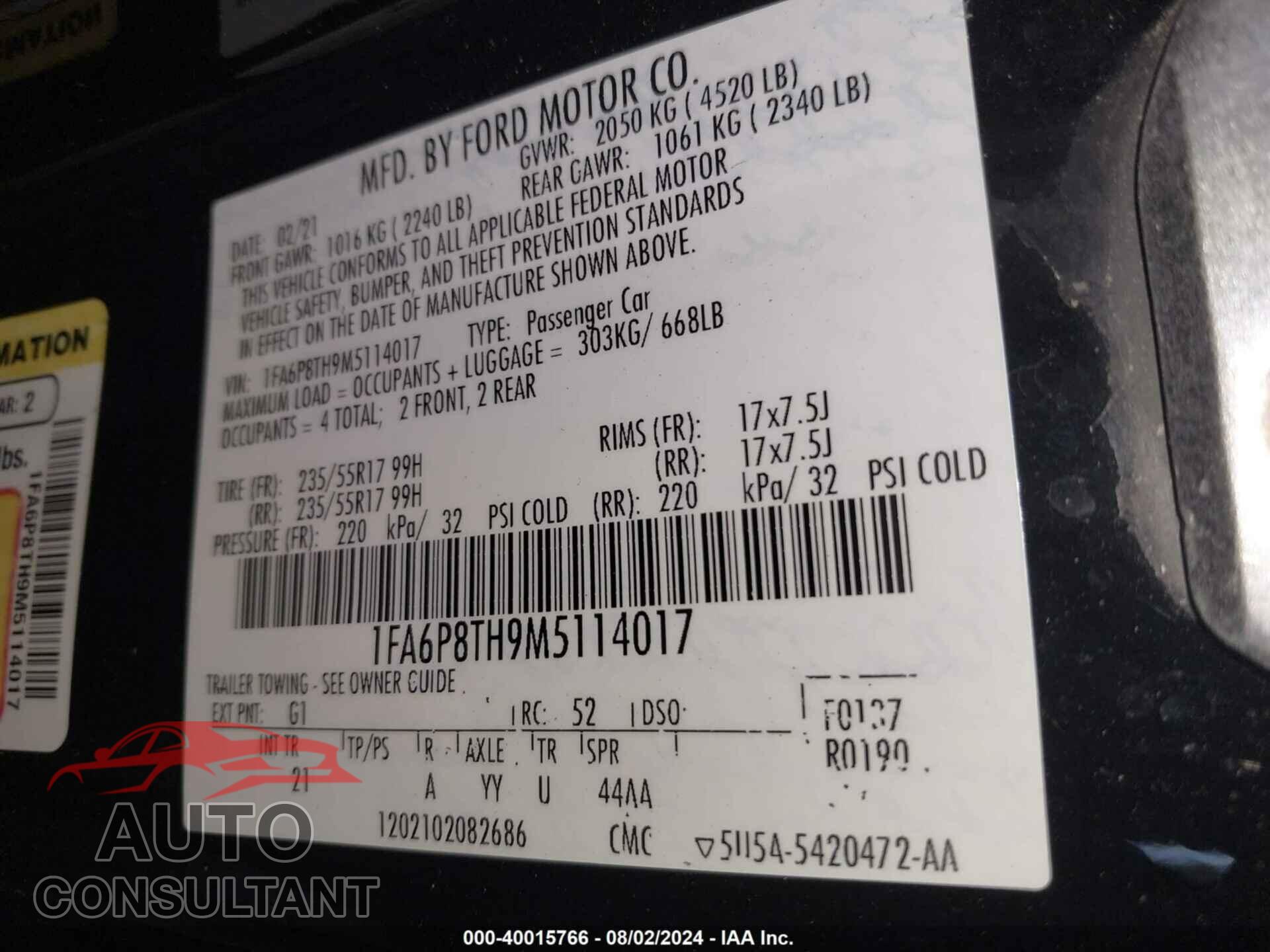 FORD MUSTANG 2021 - 1FA6P8TH9M5114017