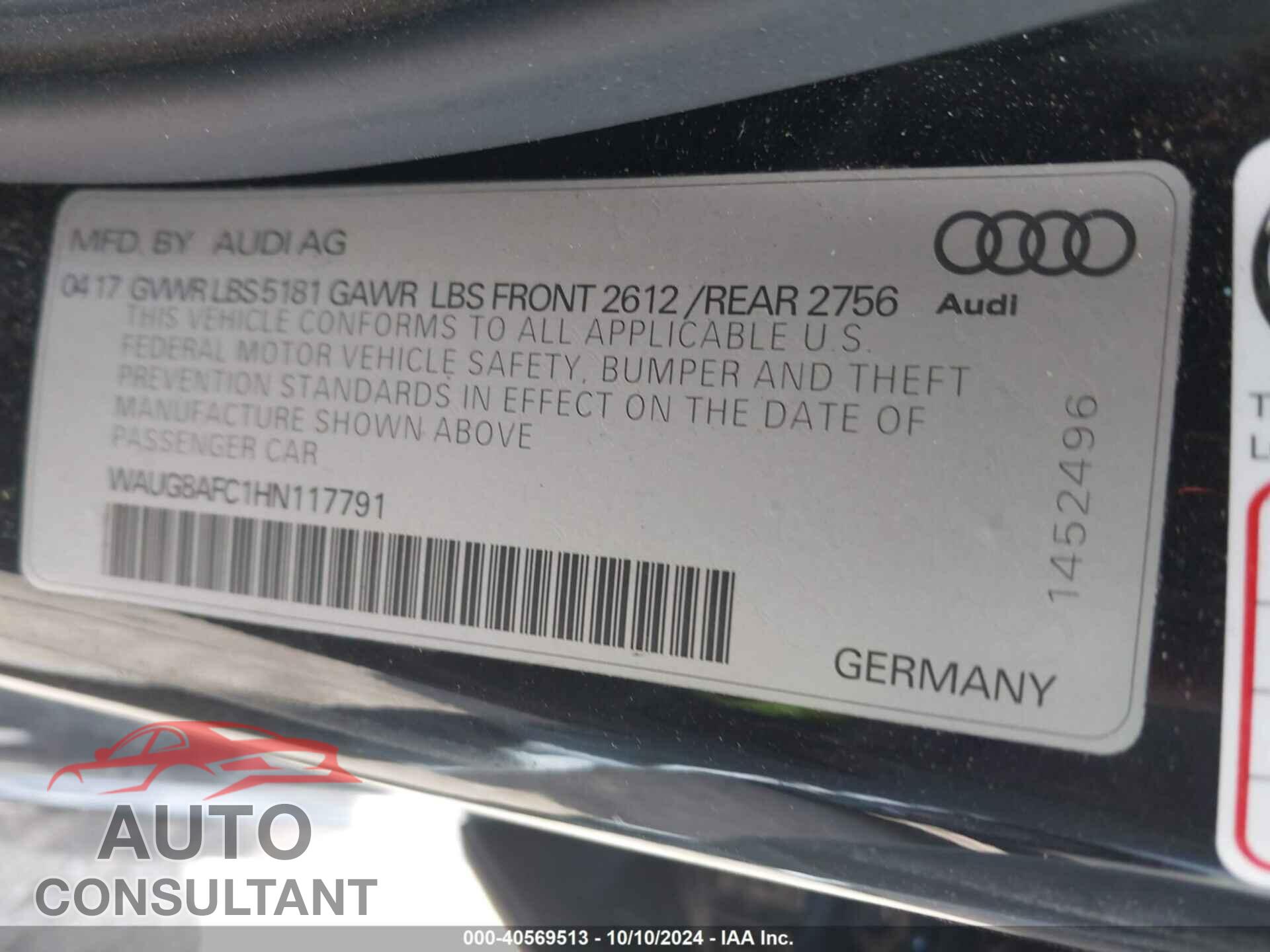 AUDI A6 2017 - WAUG8AFC1HN117791