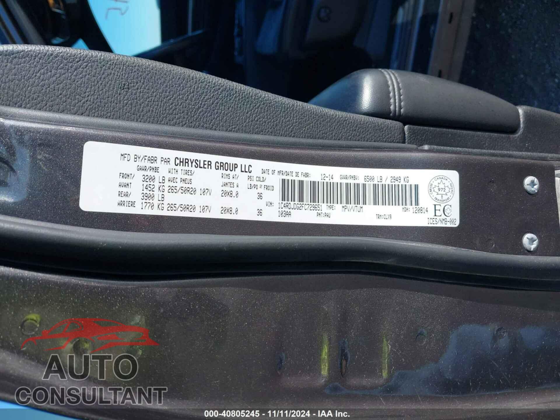 DODGE DURANGO 2015 - 1C4RDJDG2FC729651