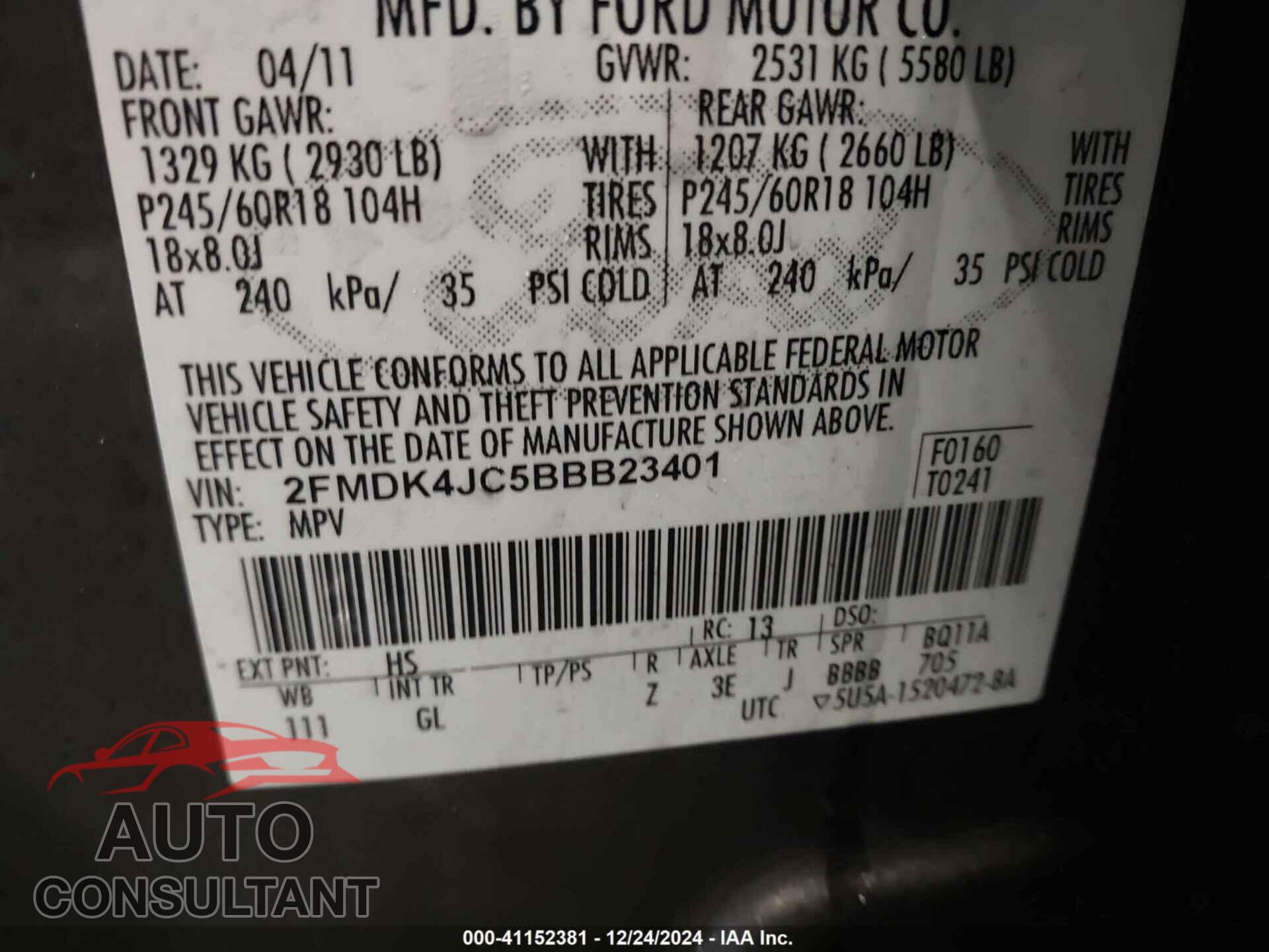 FORD EDGE 2011 - 2FMDK4JC5BBB23401