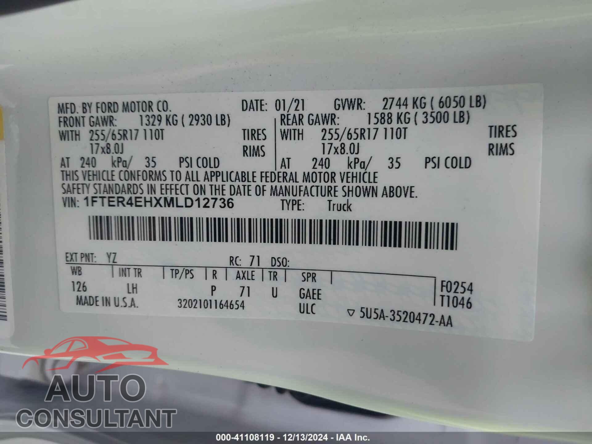 FORD RANGER 2021 - 1FTER4EHXMLD12736