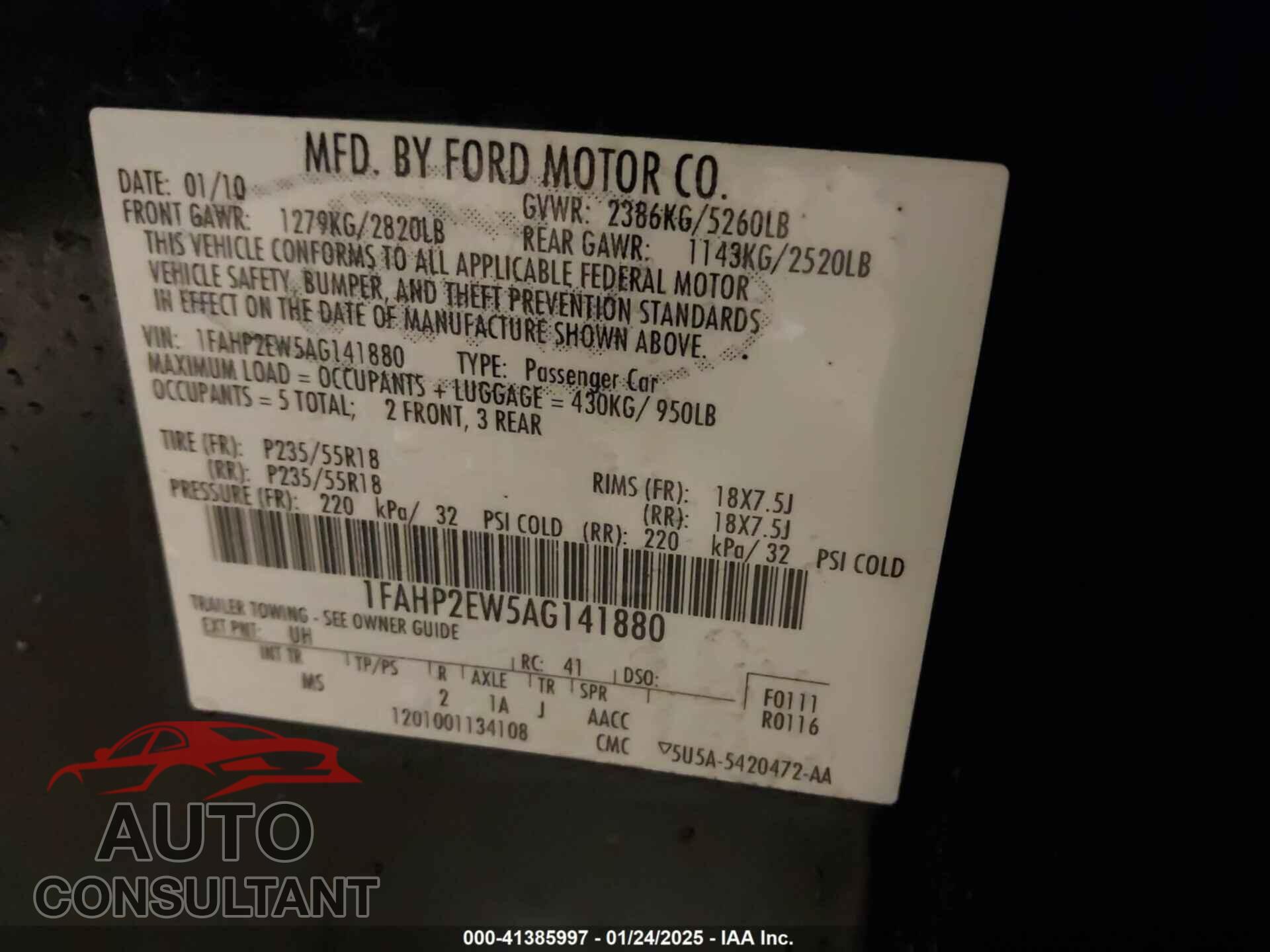 FORD TAURUS 2010 - 1FAHP2EW5AG141880