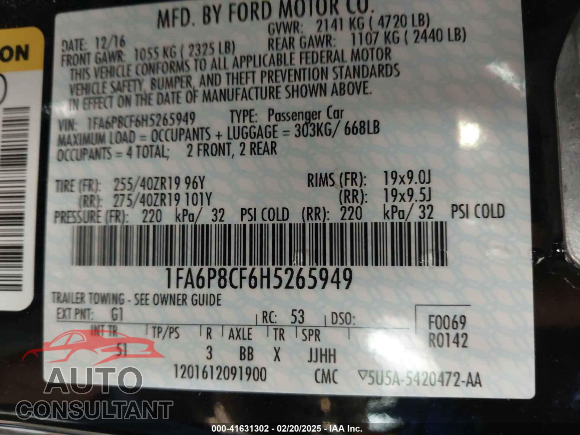 FORD MUSTANG 2017 - 1FA6P8CF6H5265949