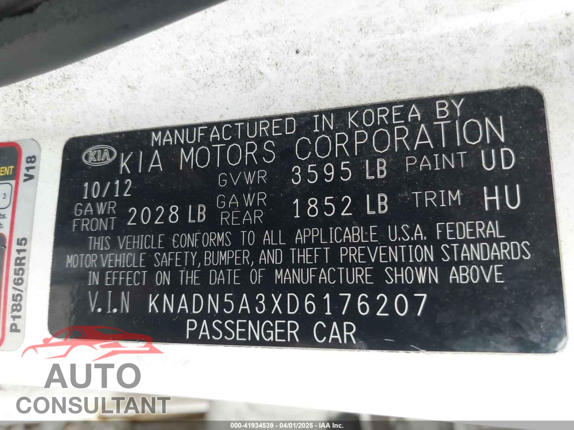 KIA RIO 2013 - KNADN5A3XD6176207