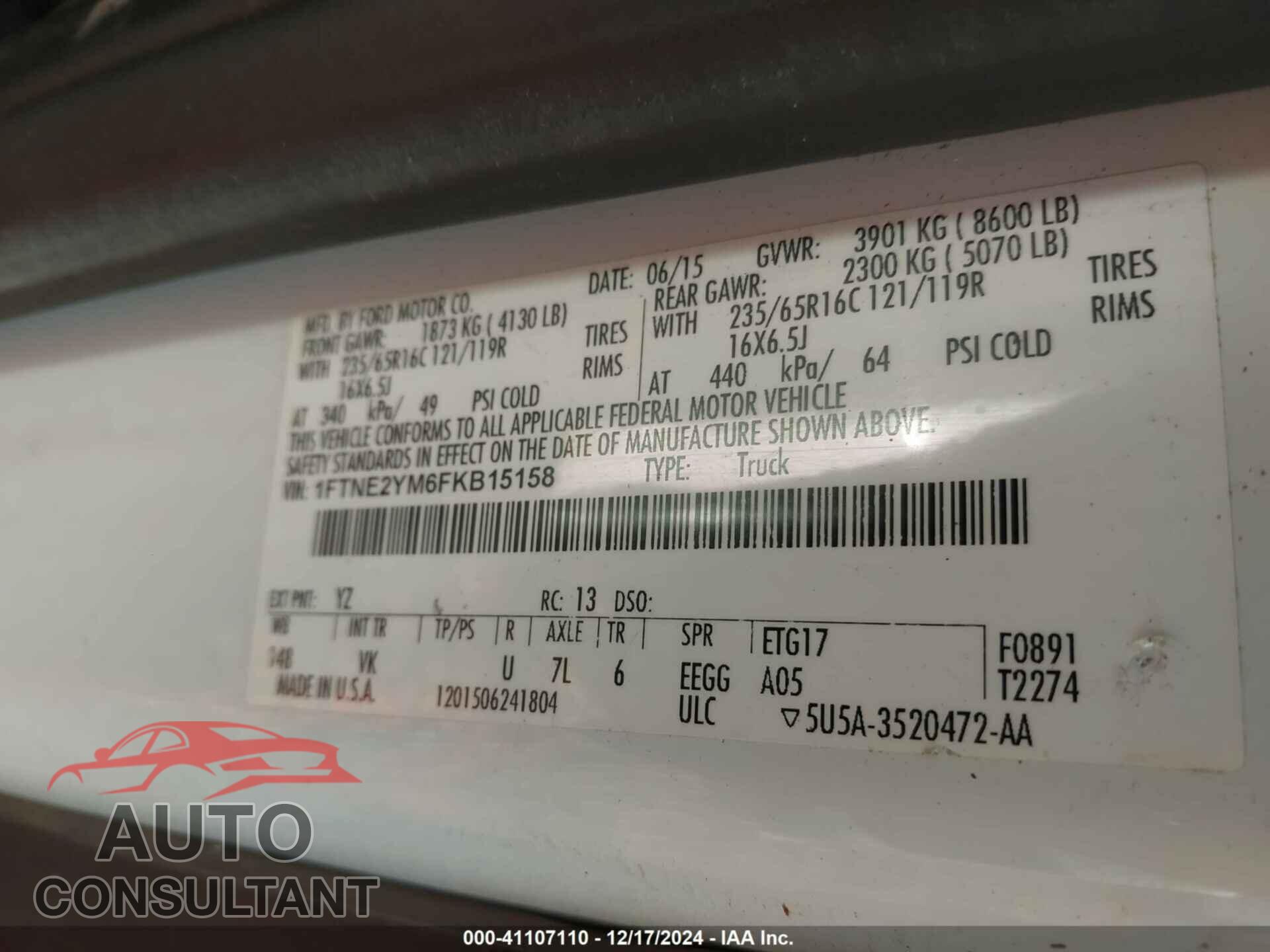 FORD TRANSIT-150 2015 - 1FTNE2YM6FKB15158