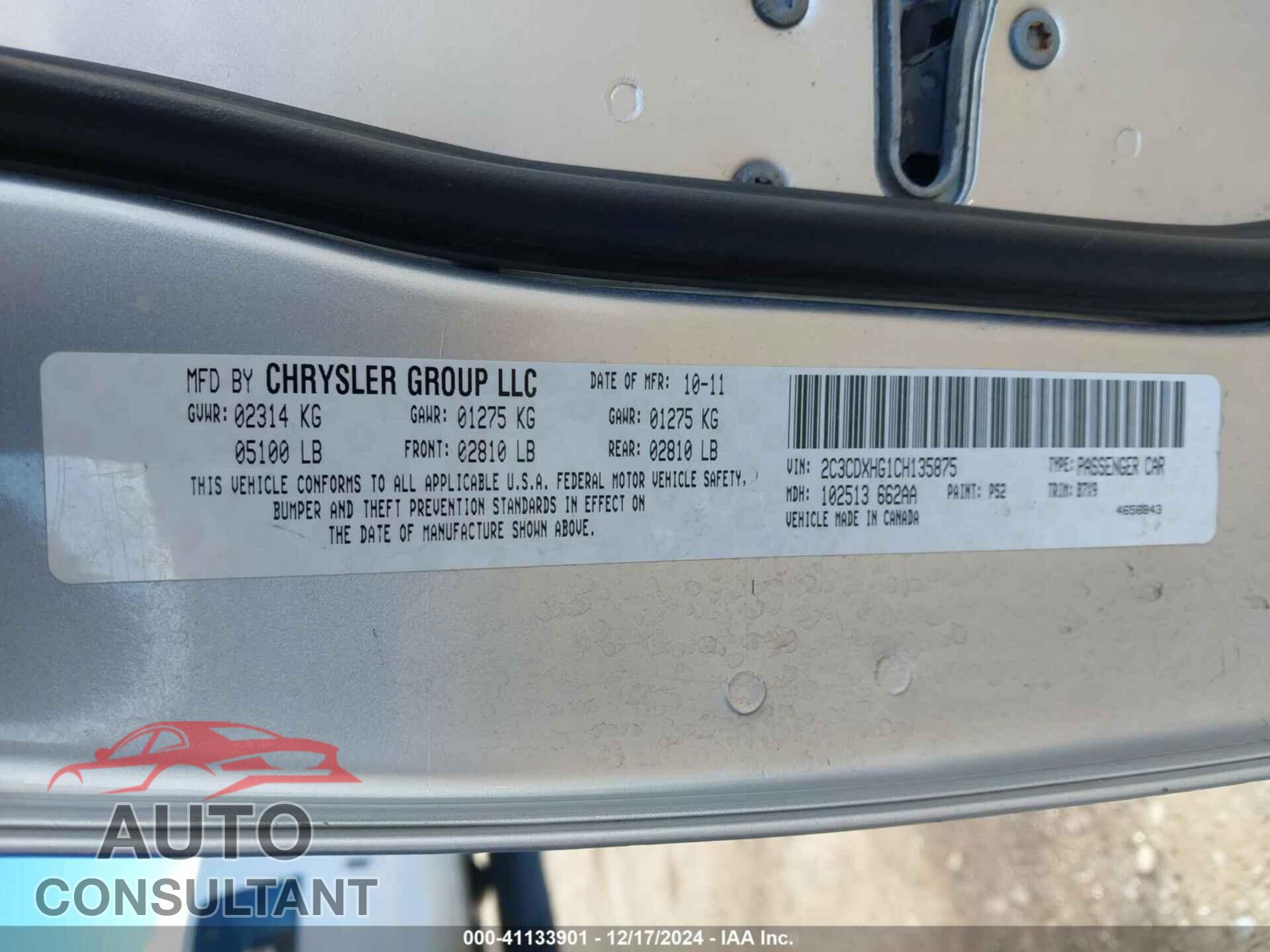 DODGE CHARGER 2012 - 2C3CDXHG1CH135875