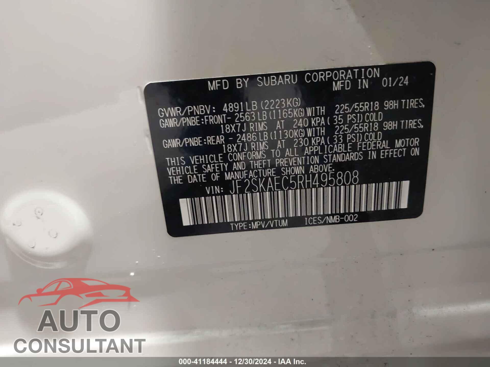 SUBARU FORESTER 2024 - JF2SKAEC5RH495808