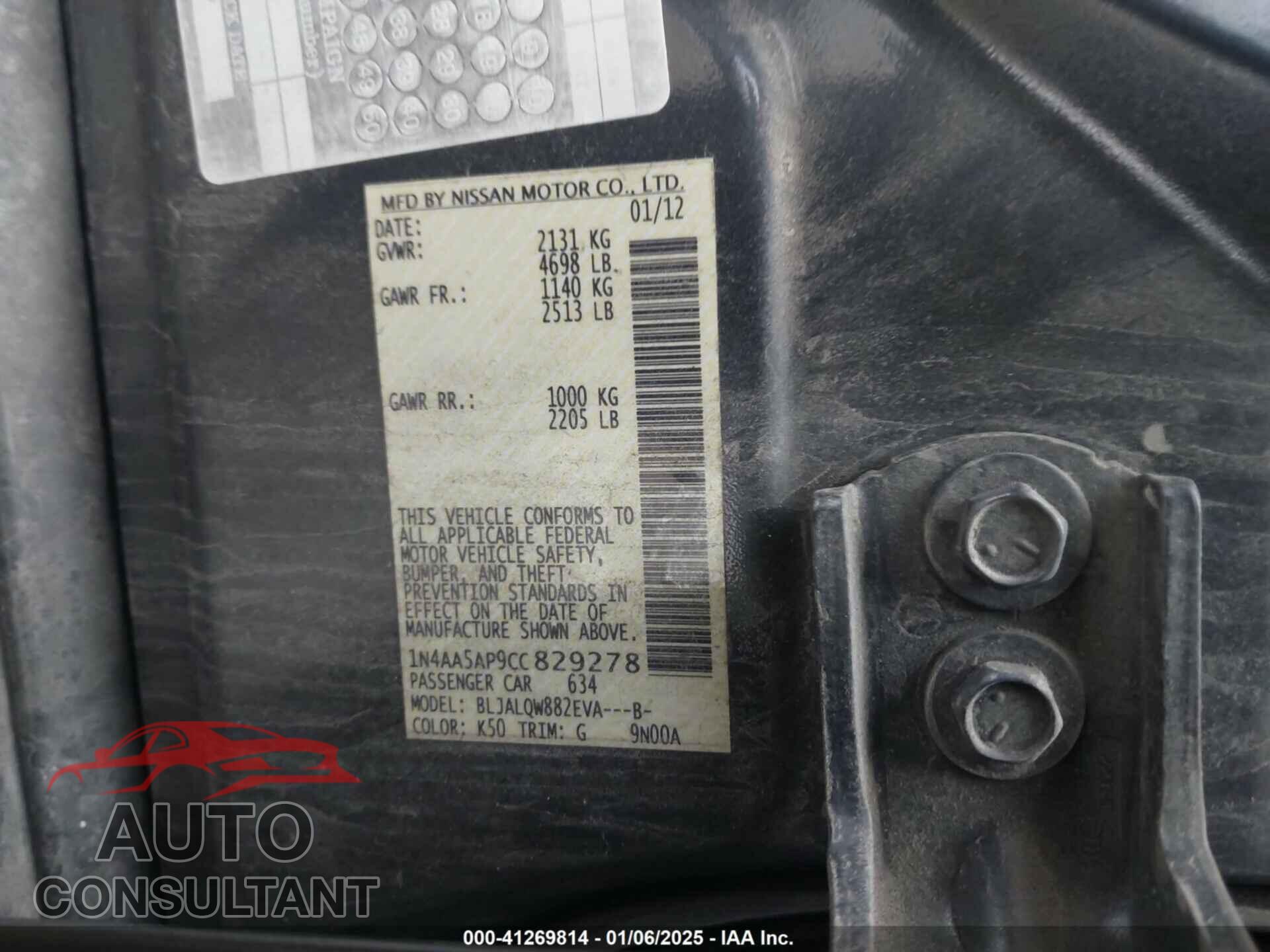 NISSAN MAXIMA 2012 - 1N4AA5AP9CC829278