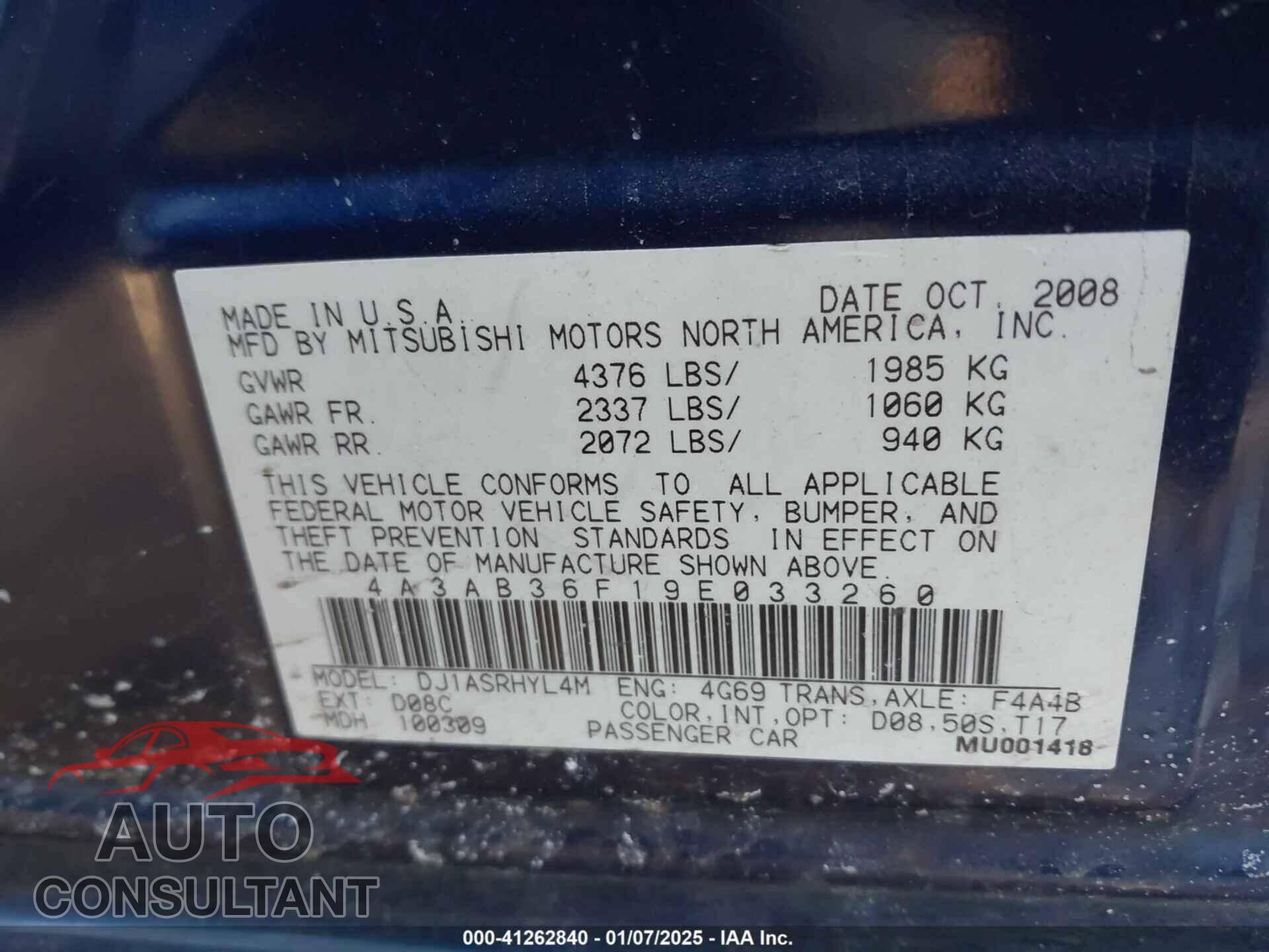 MITSUBISHI GALANT 2009 - 4A3AB36F19E033260
