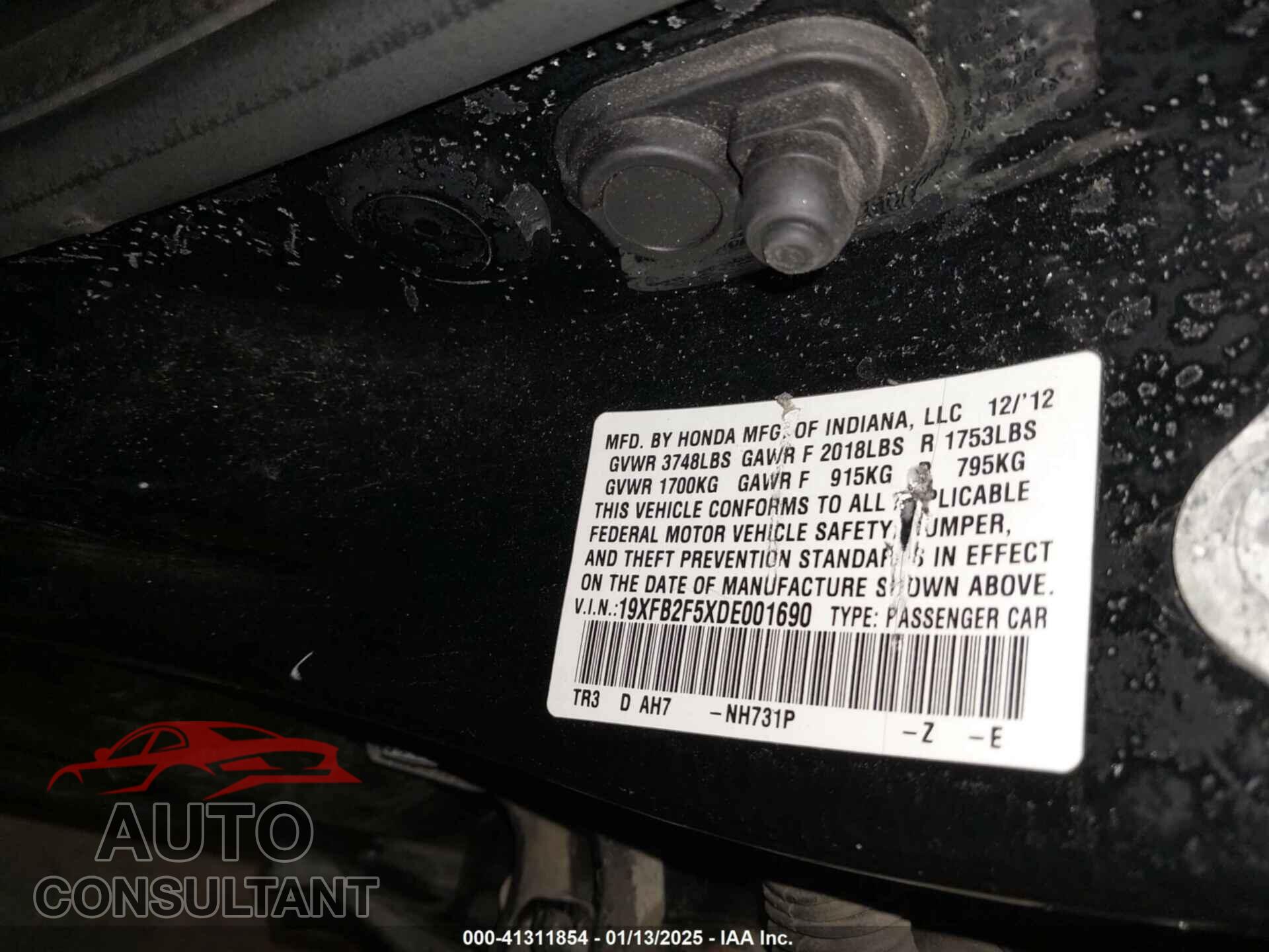 HONDA CIVIC 2013 - 19XFB2F5XDE001690
