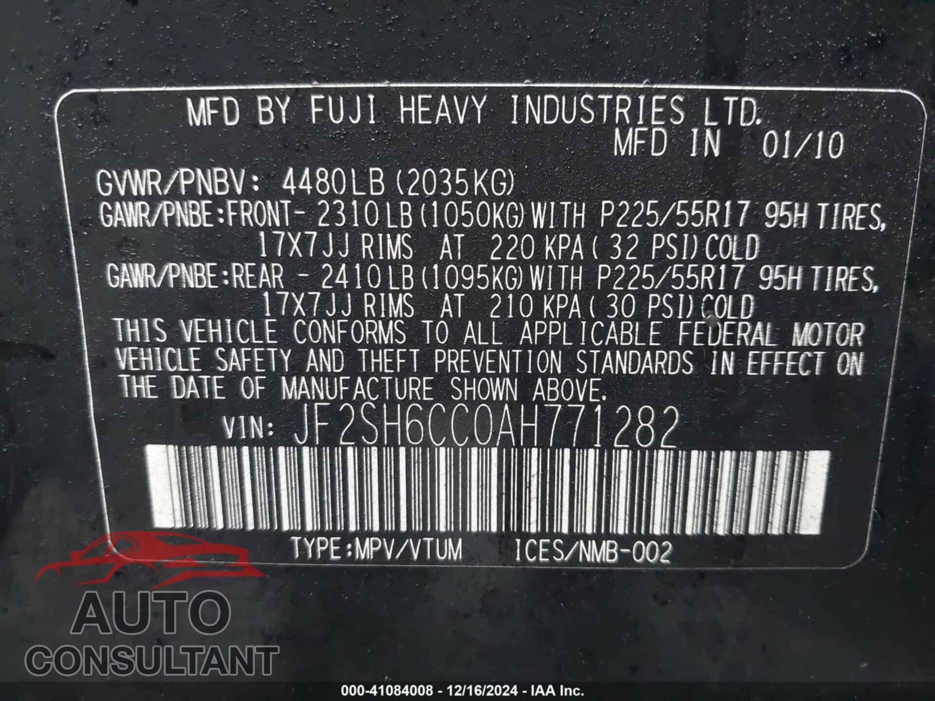 SUBARU FORESTER 2010 - JF2SH6CC0AH771282